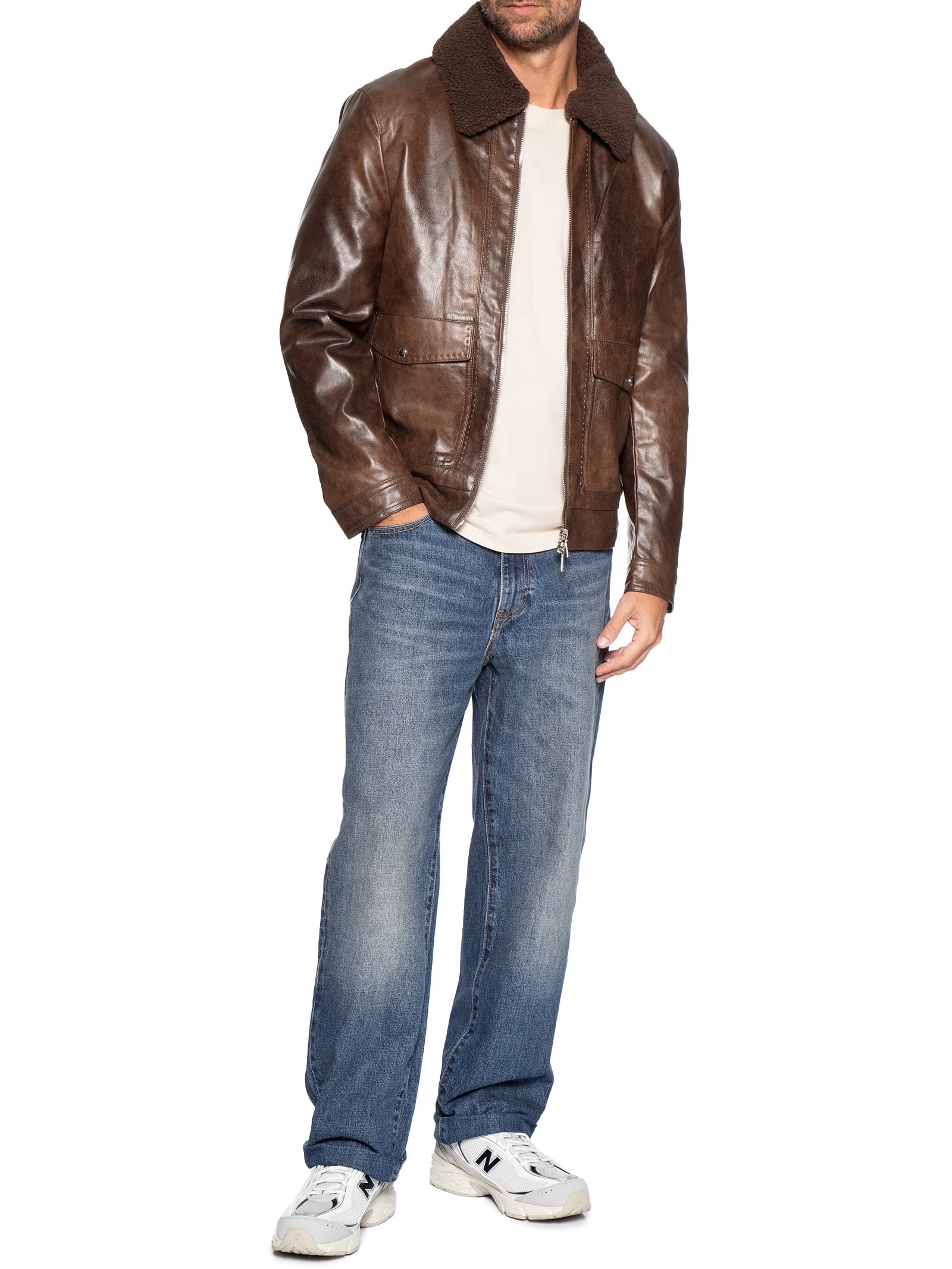 Jaqueta Masculina PU Com Zíper E Bolso Frontal Marrom Basiq Men