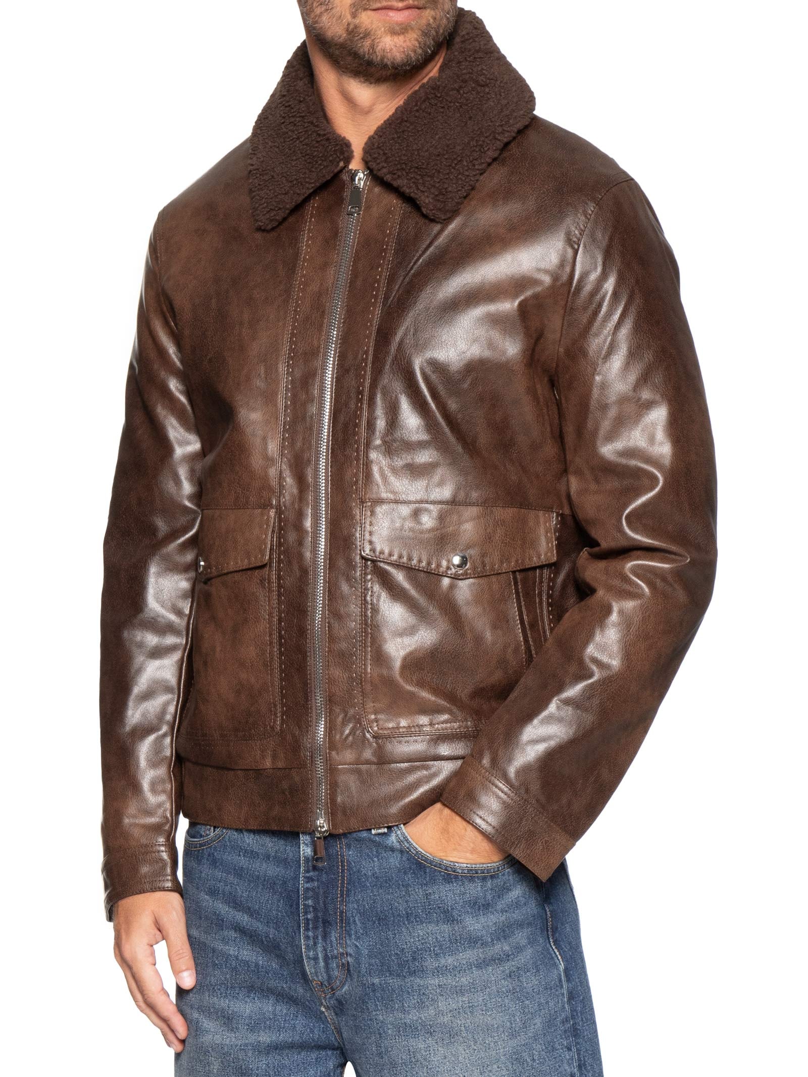 Jaqueta Masculina PU Com Zíper E Bolso Frontal Marrom Basiq Men