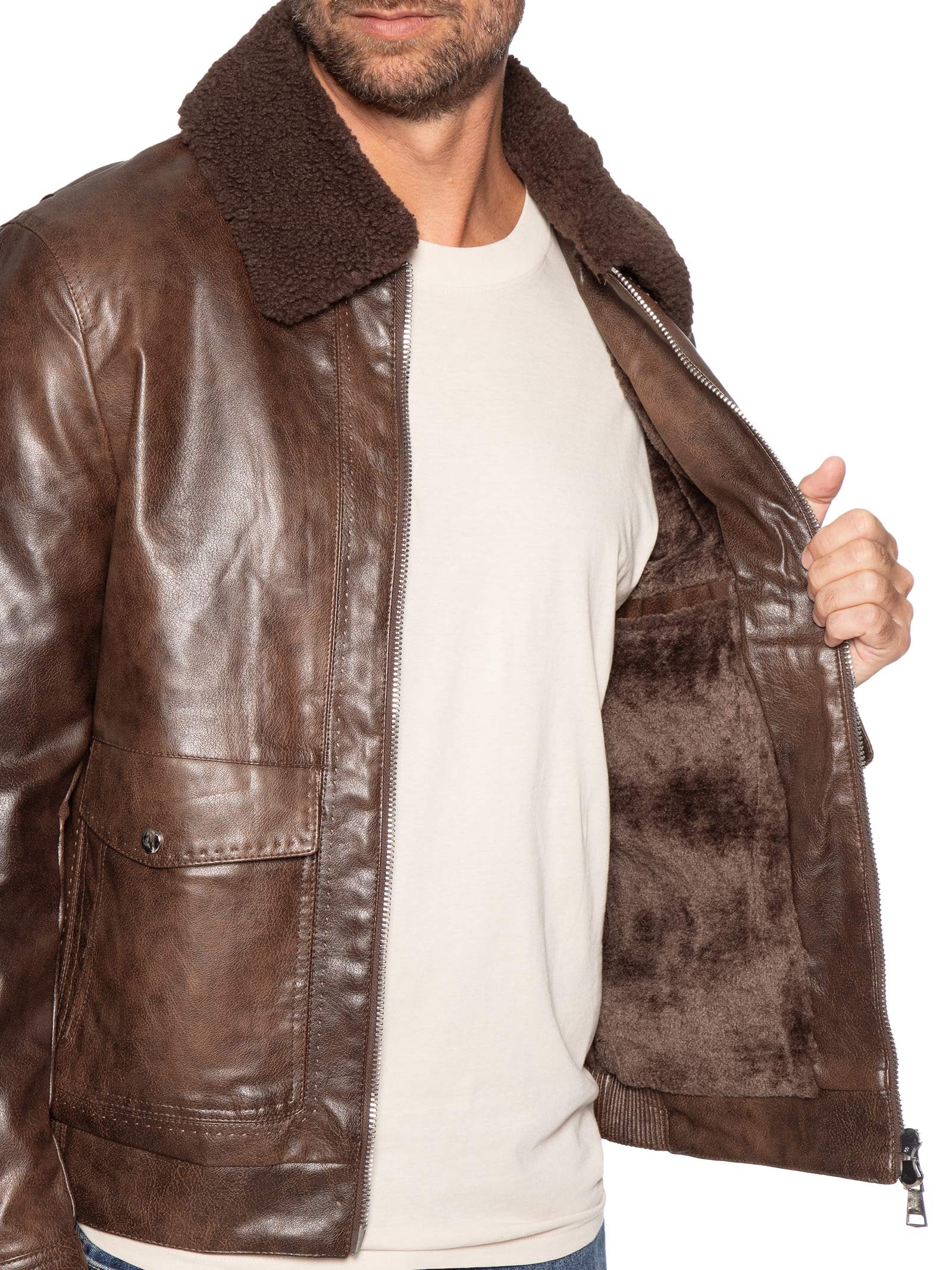 Jaqueta Masculina PU Com Zíper E Bolso Frontal Marrom Basiq Men