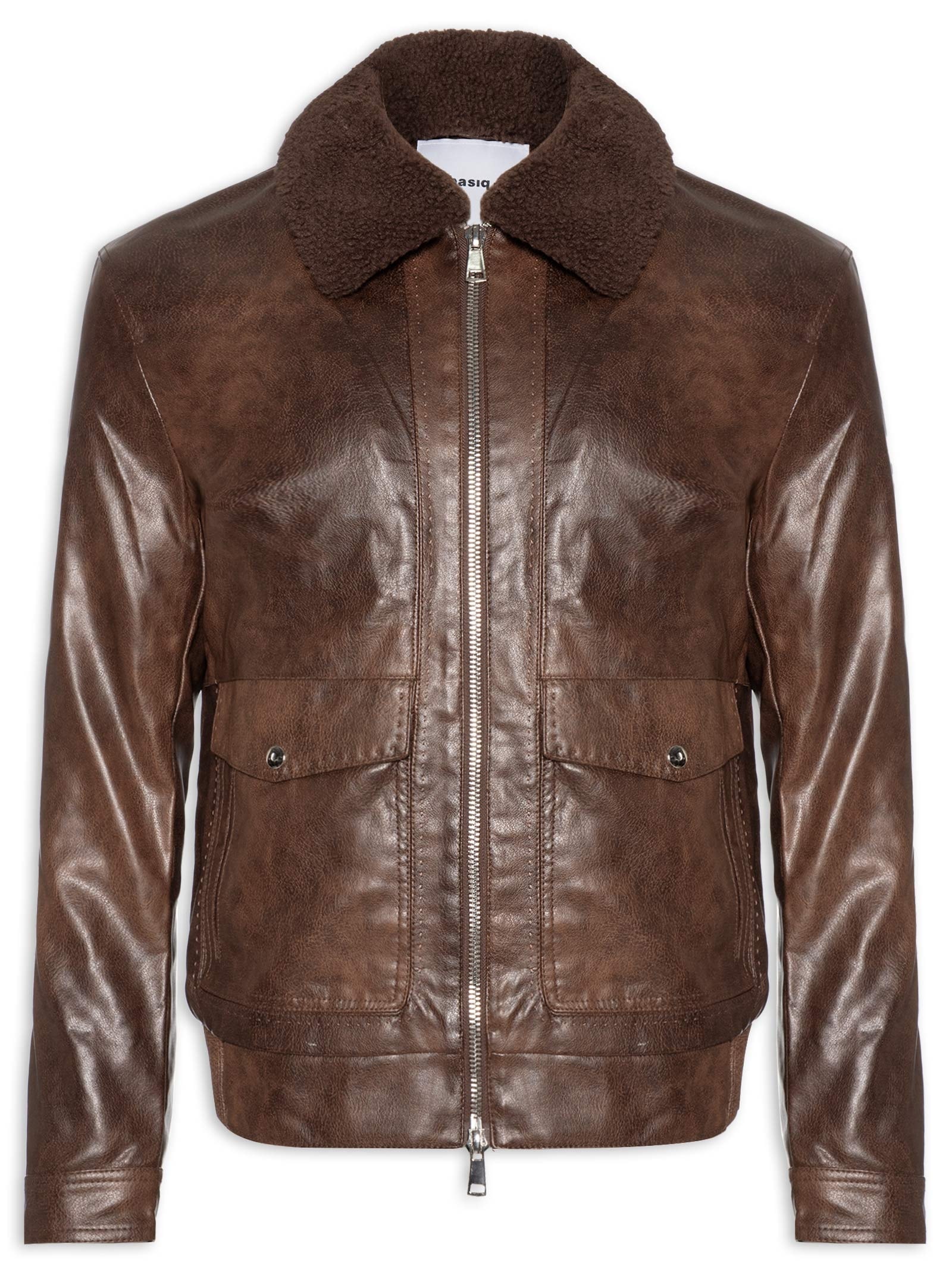 Jaqueta Masculina PU Com Zíper E Bolso Frontal Marrom Basiq Men