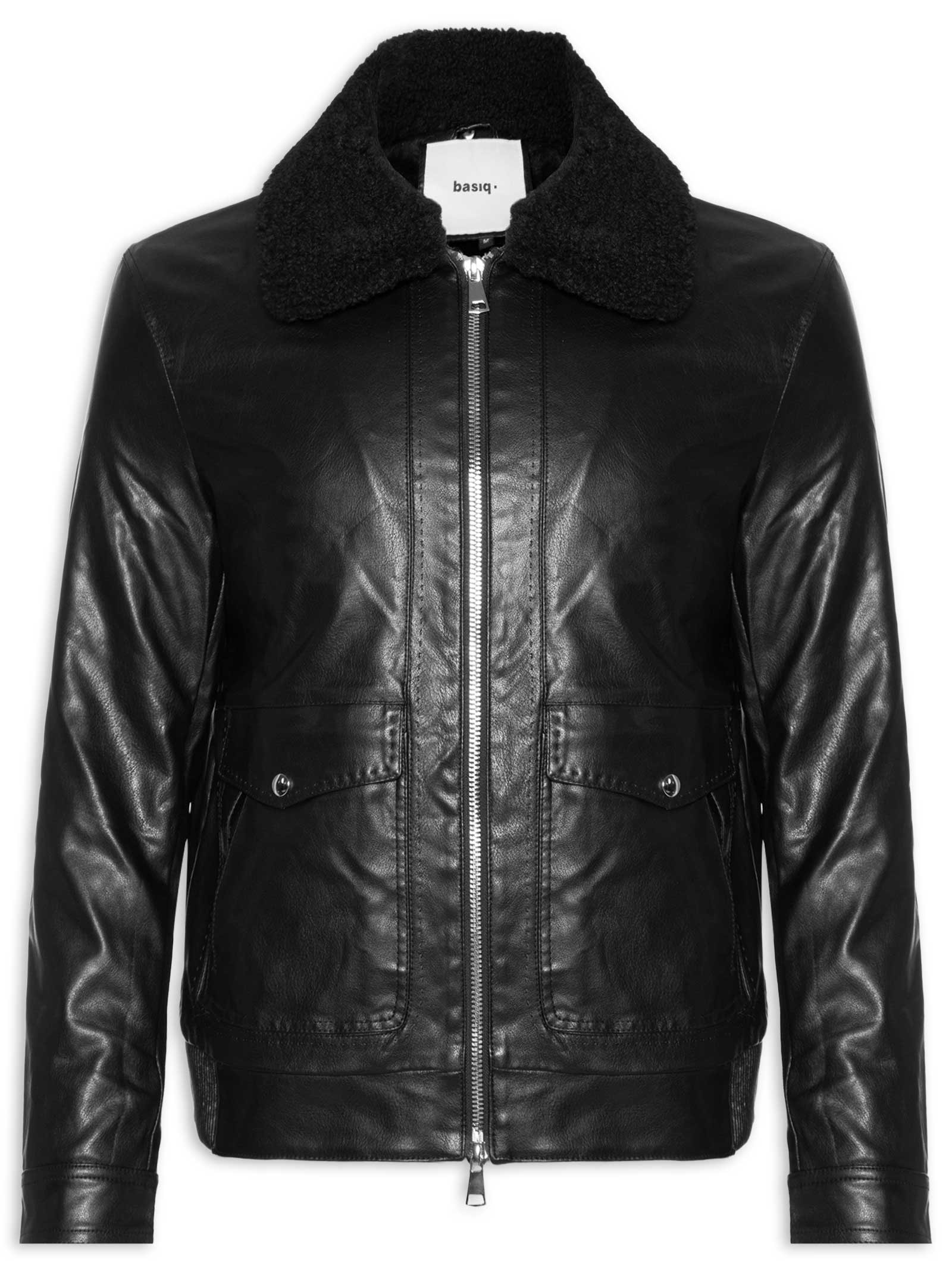 Jaqueta Masculina PU Com Zíper E Bolso Frontal Preto Basiq Men