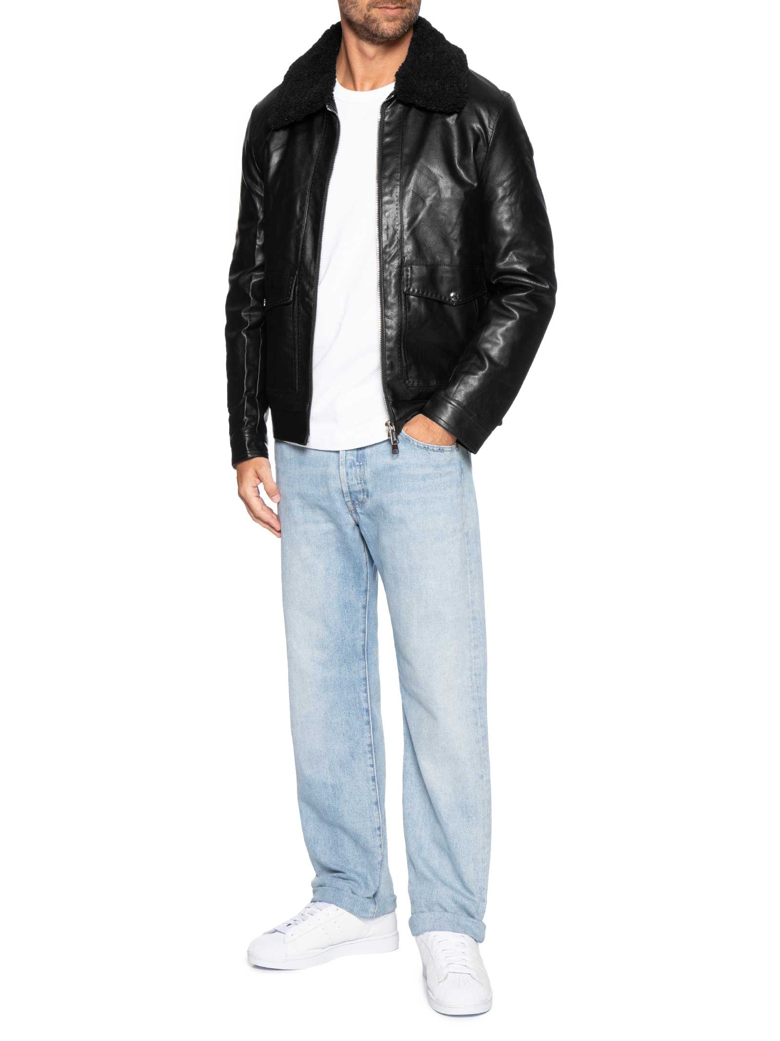 Jaqueta Masculina PU Com Zíper E Bolso Frontal Preto Basiq Men