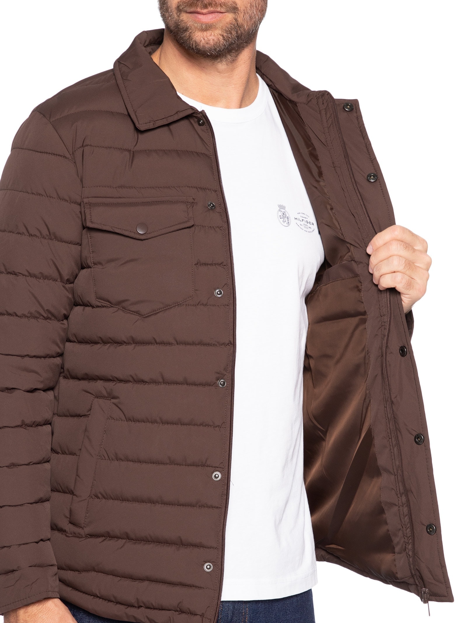 Jaqueta Masculina Puffer Com Bolso Marrom Basiq Men