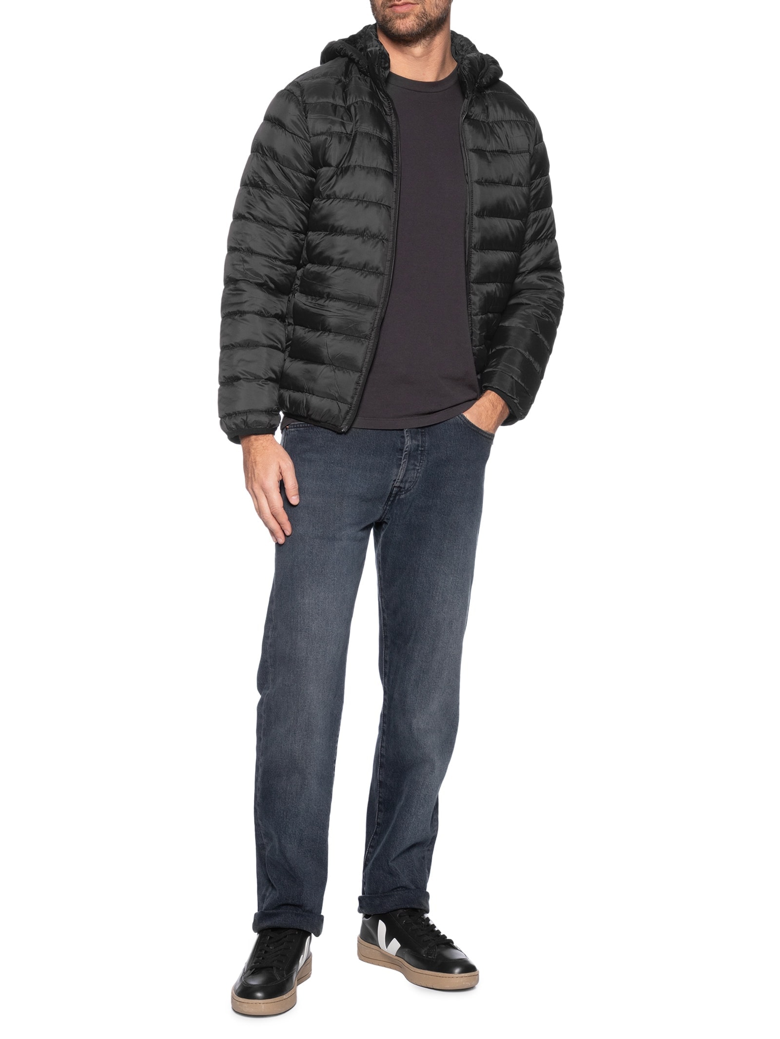 Jaqueta Masculina Puffer Com Capuz Nylon Preto Basiq Men