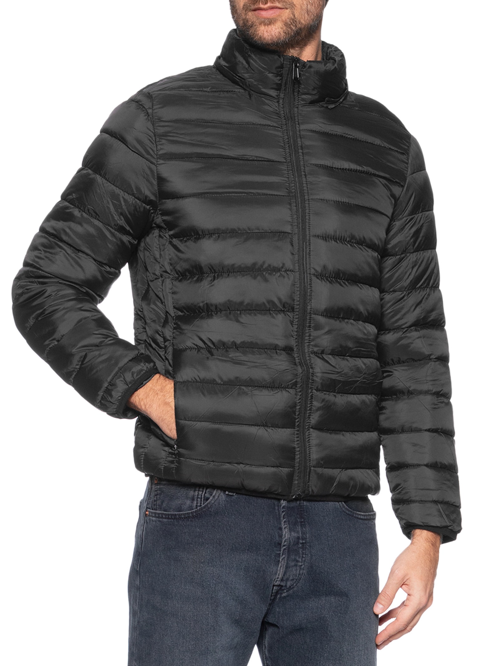Jaqueta Masculina Puffer Com Capuz Nylon Preto Basiq Men
