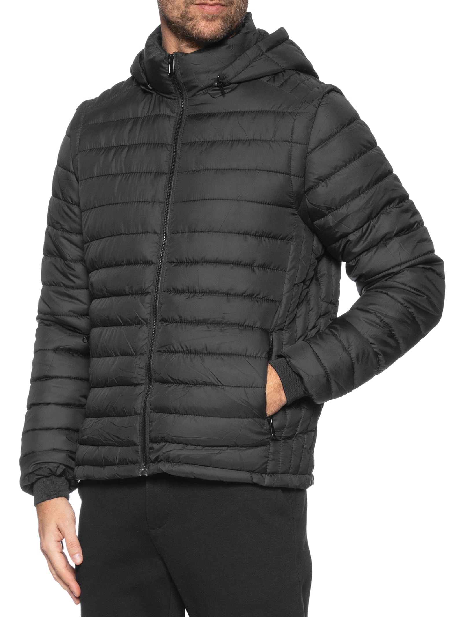 Jaqueta Masculina Puffer Com Capuz Nylon Vira Colete Preto Basiq Men