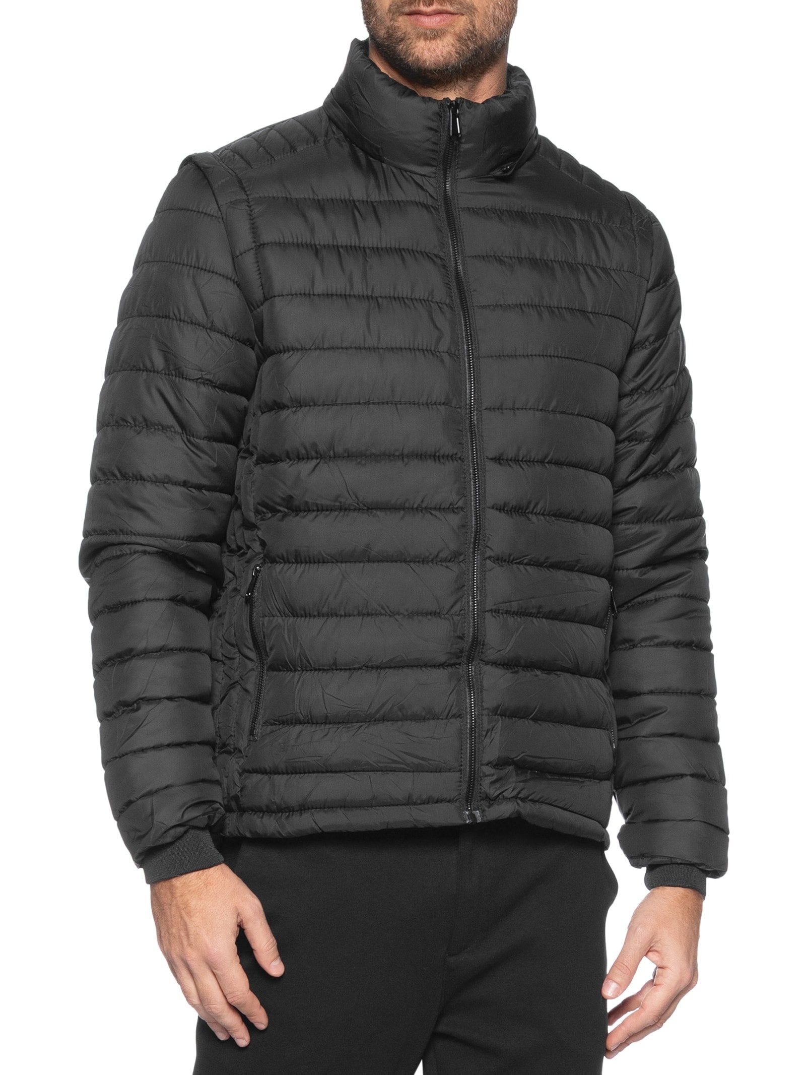 Jaqueta Masculina Puffer Com Capuz Nylon Vira Colete Preto Basiq Men