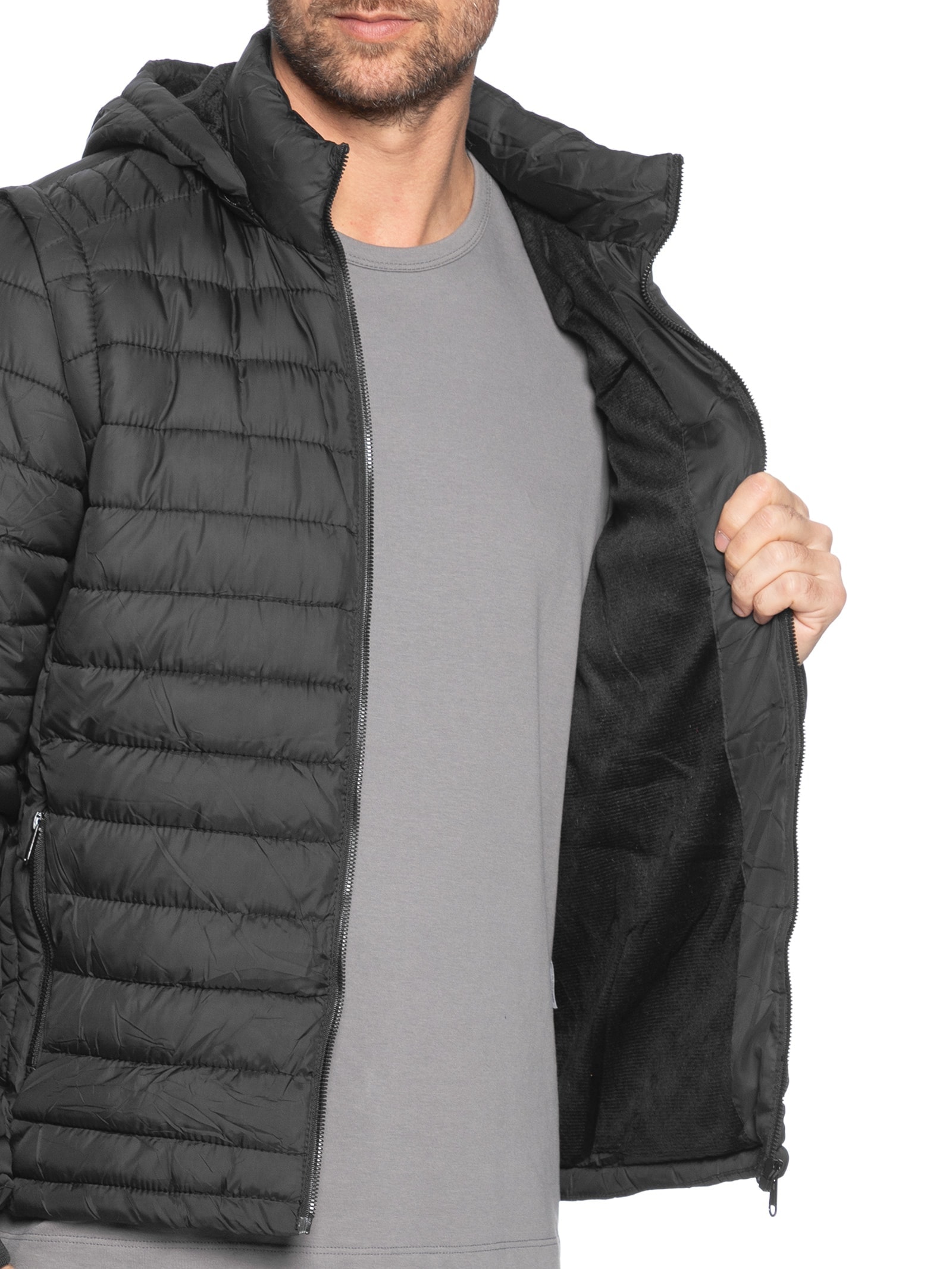 Jaqueta Masculina Puffer Com Capuz Nylon Vira Colete Preto Basiq Men