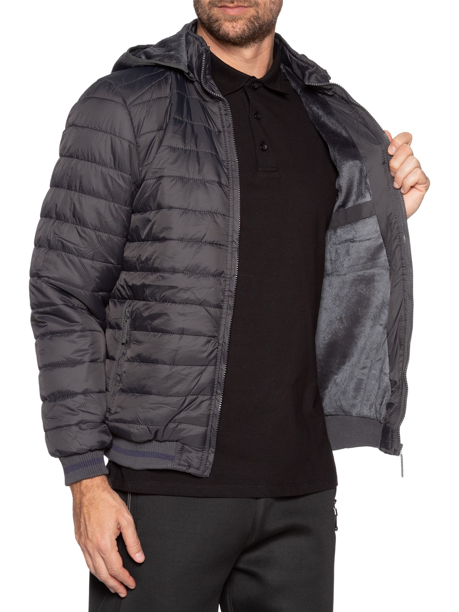 Jaqueta Masculina Puffer Com Capuz Removível Cinza  '2 Essential
