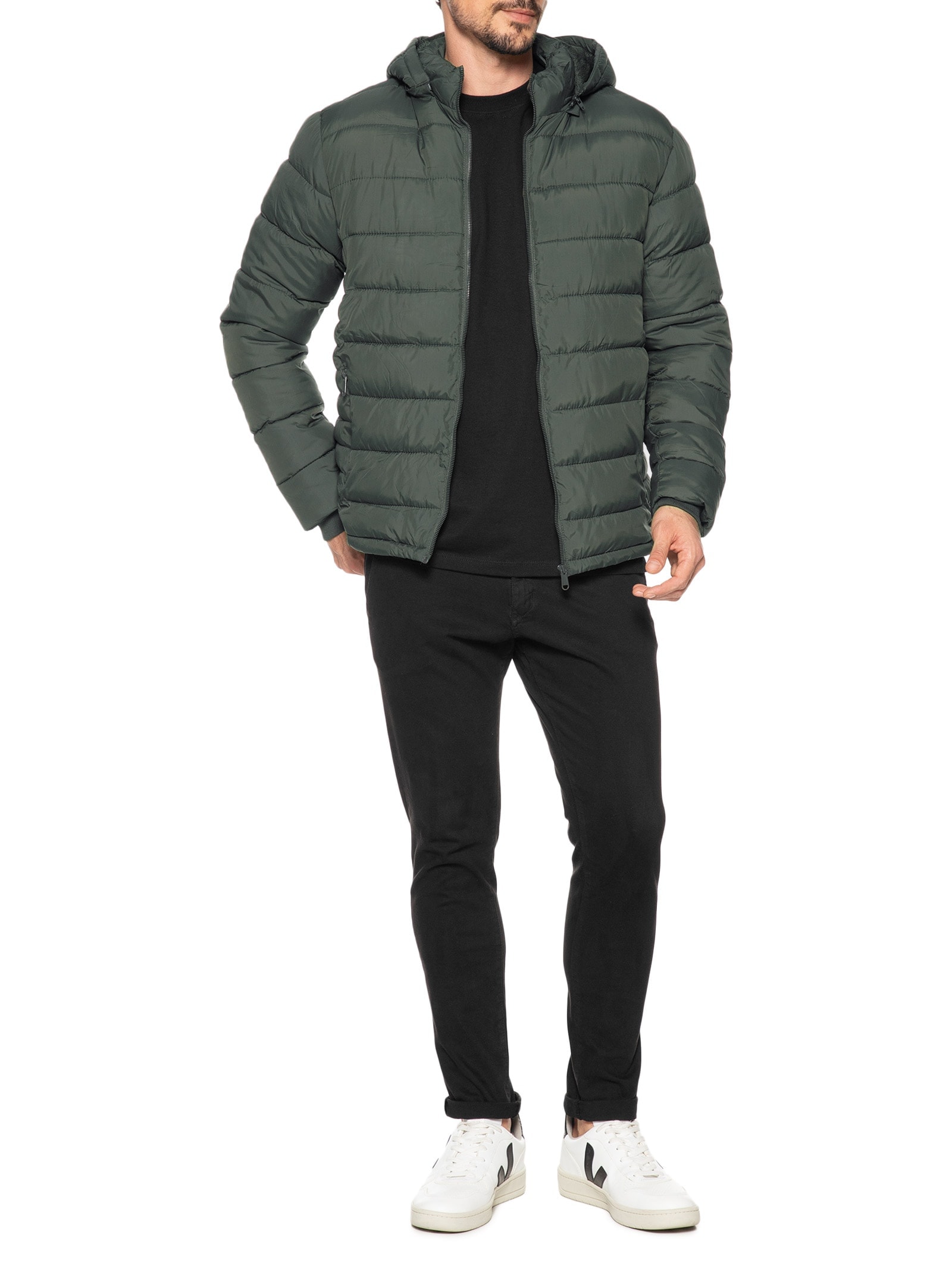 Jaqueta Masculina Puffer Com Capuz Verde Basiq Men