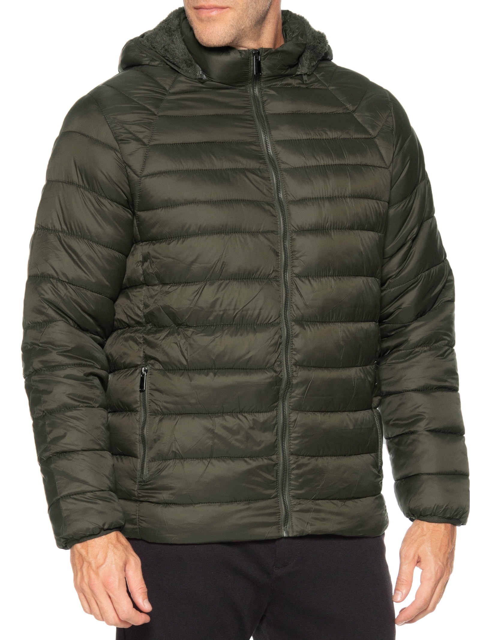 Jaqueta Masculina Puffer Forro Pelúciado Com Capuz Verde Basiq Men