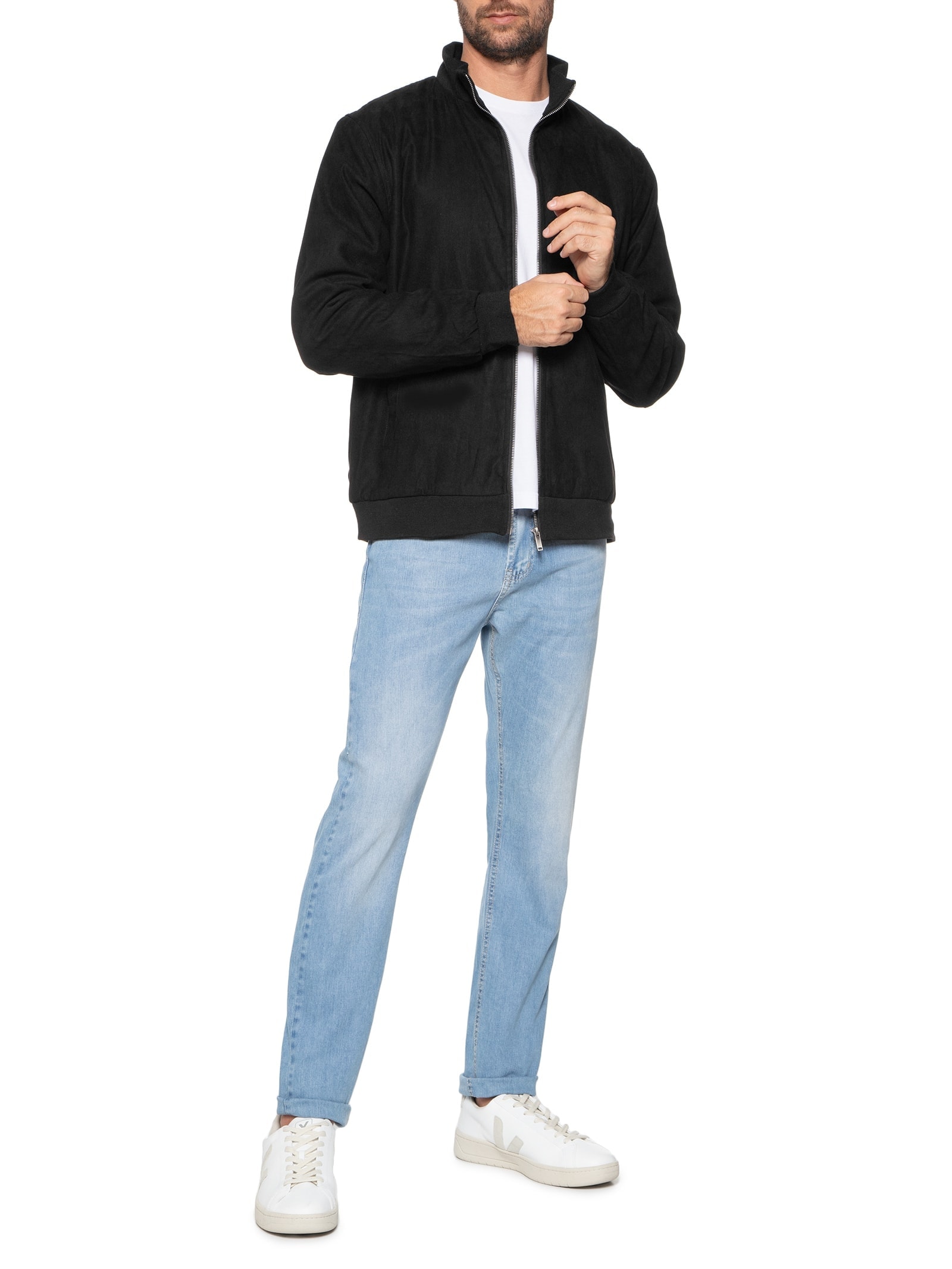 Jaqueta Masculina Suede Com Gola E Punhos Retilíneos Preto '2 Essential