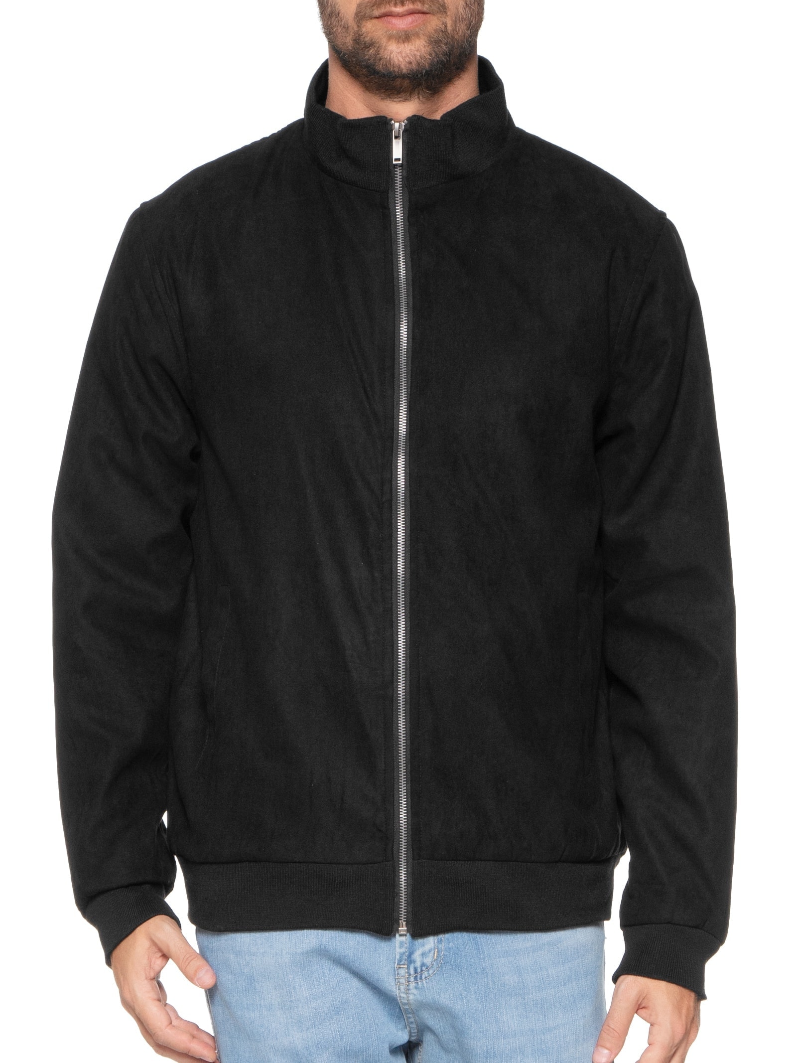 Jaqueta Masculina Suede Com Gola E Punhos Retilíneos Preto '2 Essential