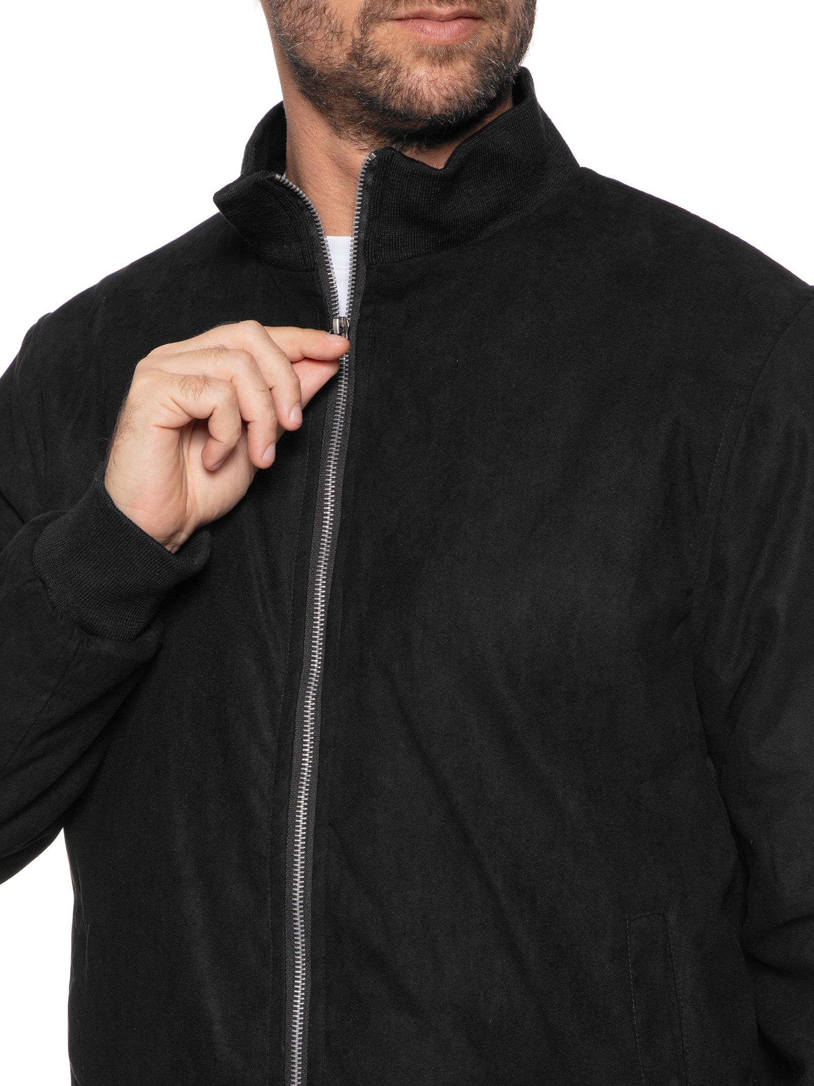Jaqueta Masculina Suede Com Gola E Punhos Retilíneos Preto '2 Essential