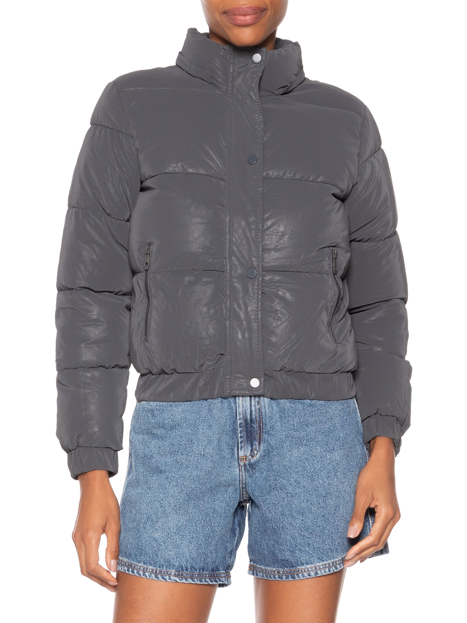 Jaqueta Puffer Feminina Com Capuz Removível Cinza Market 33