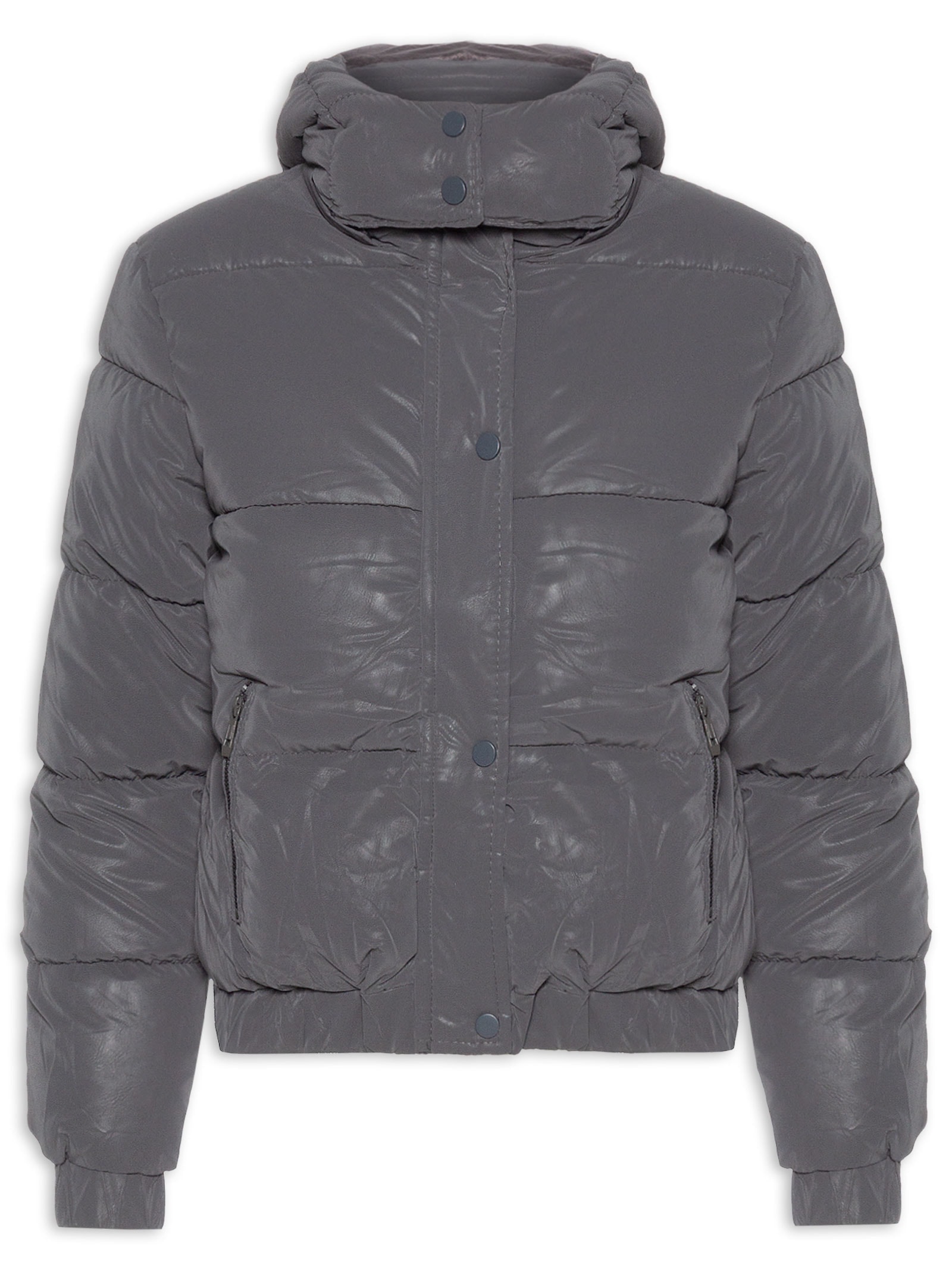 Jaqueta Puffer Feminina Com Capuz Removível Cinza Market 33