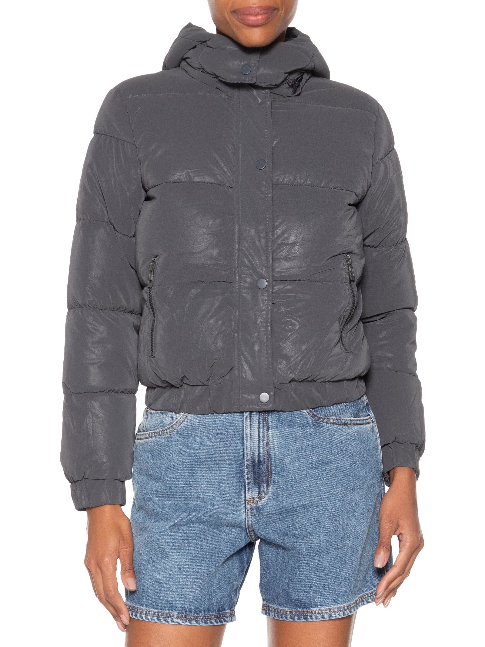 Jaqueta Puffer Feminina Com Capuz Removível Cinza Market 33