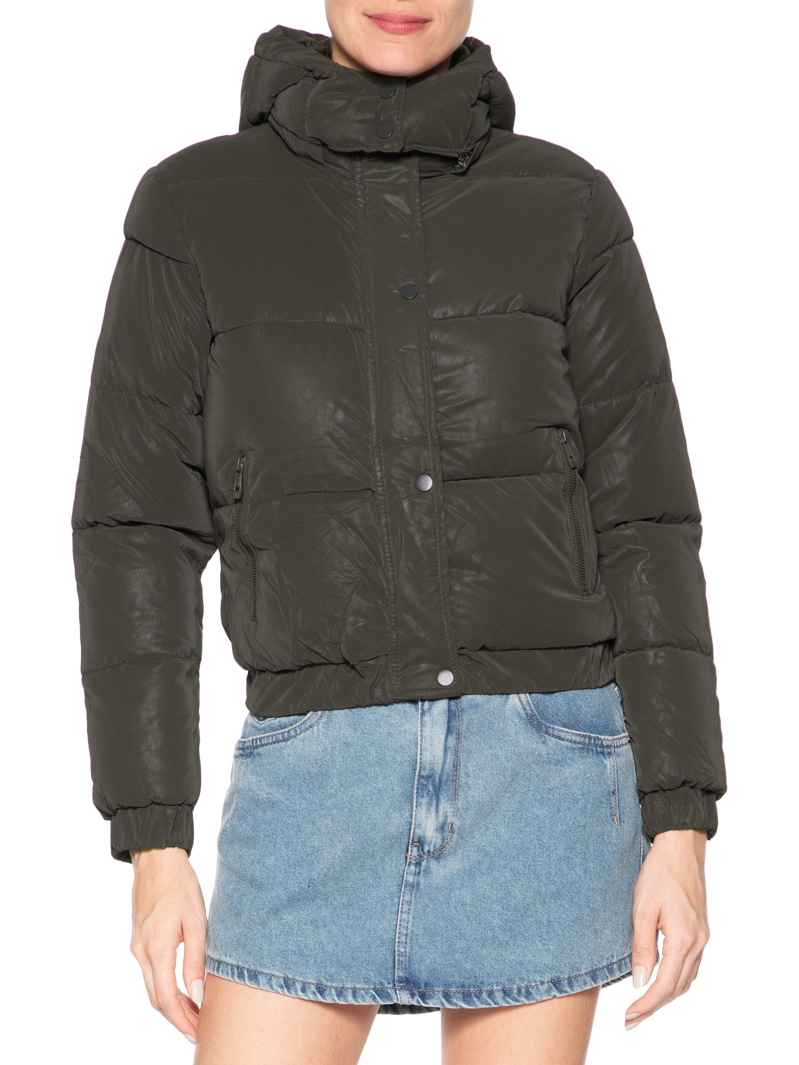 Jaqueta Puffer Feminina Com Capuz Removível Verde Market 33