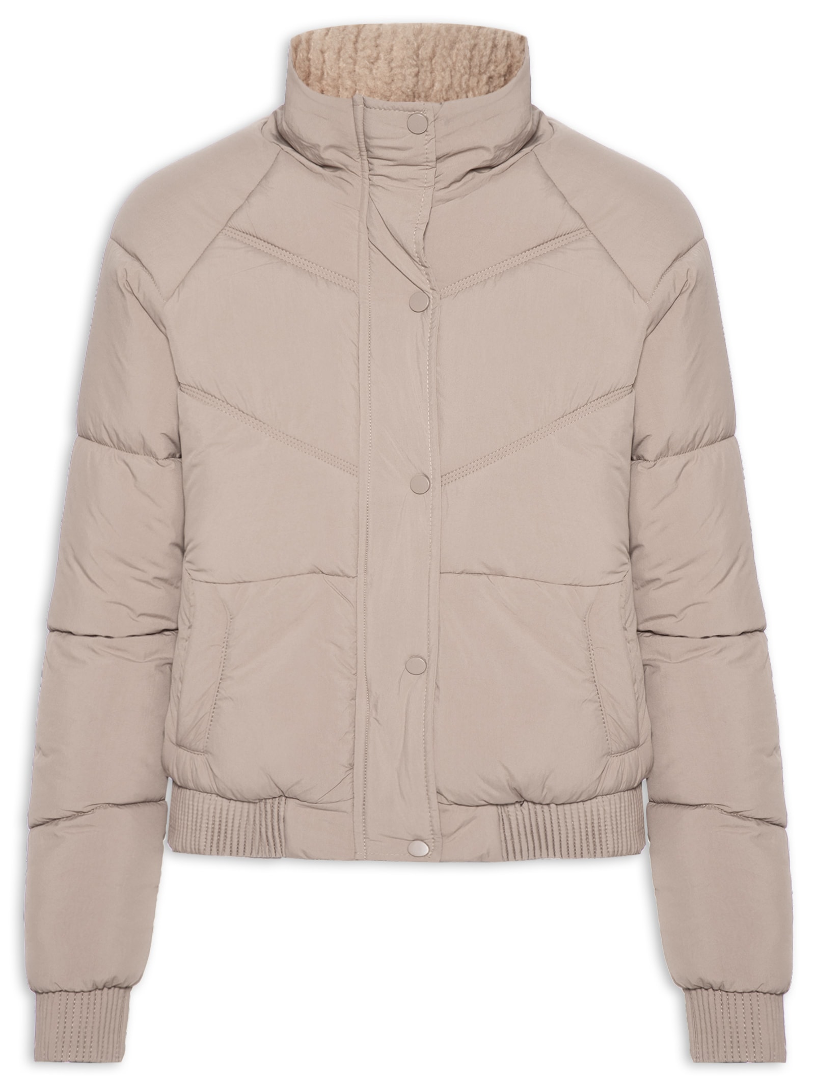 Jaqueta Puffer Feminina Com Forro Peluciado Bege Market 33