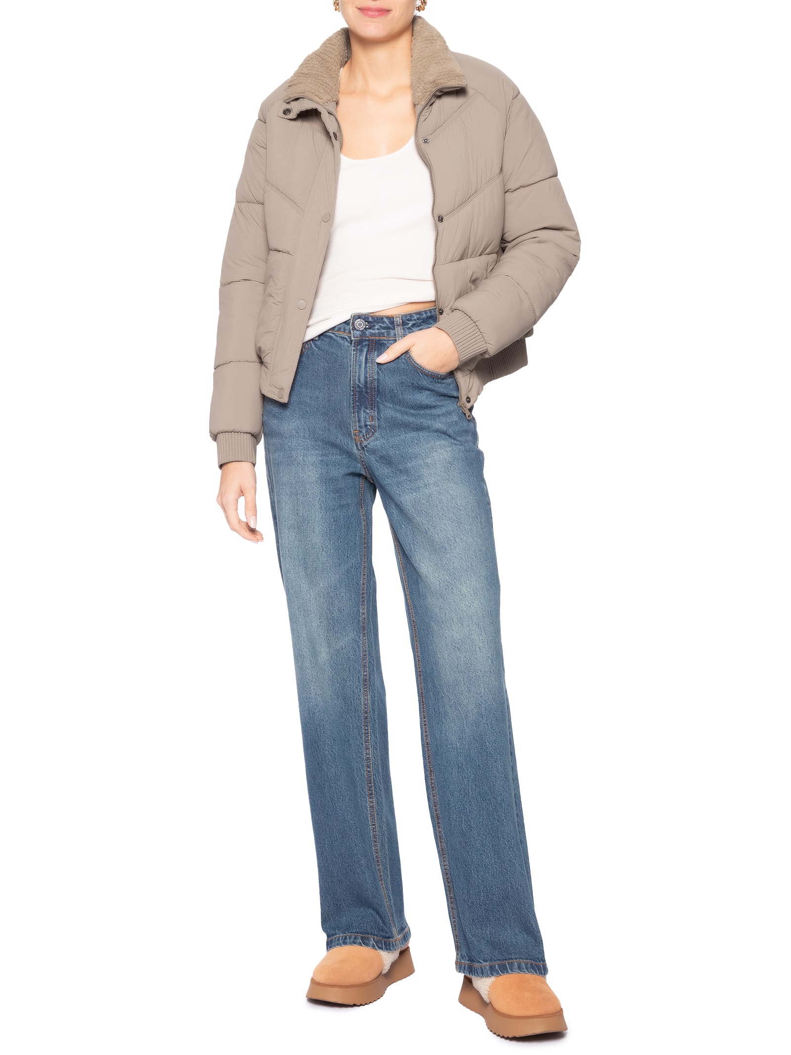 Jaqueta Puffer Feminina Com Forro Peluciado Bege Market 33