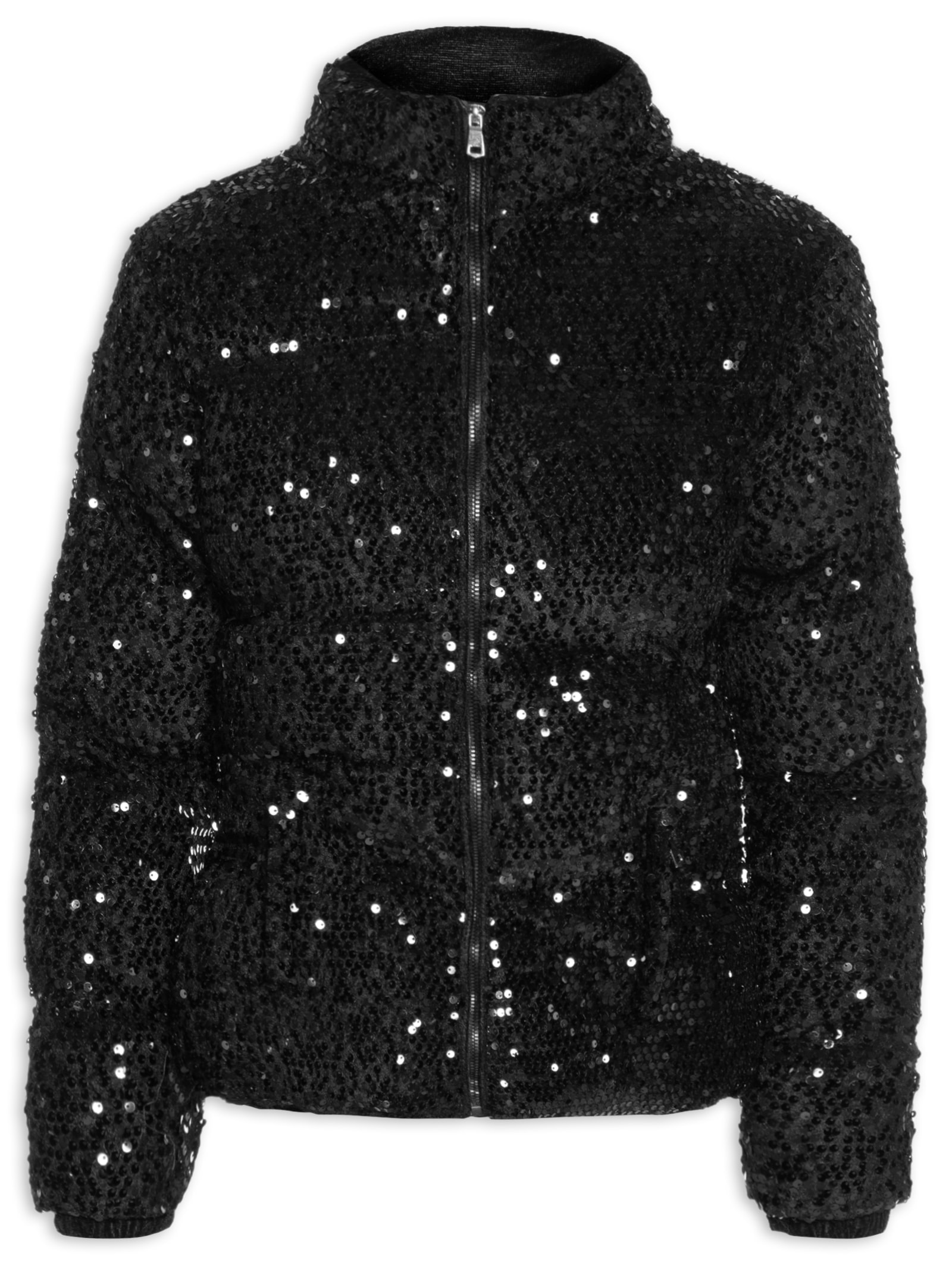 Jaqueta Puffer Feminina Com Paetê Preto Market 33