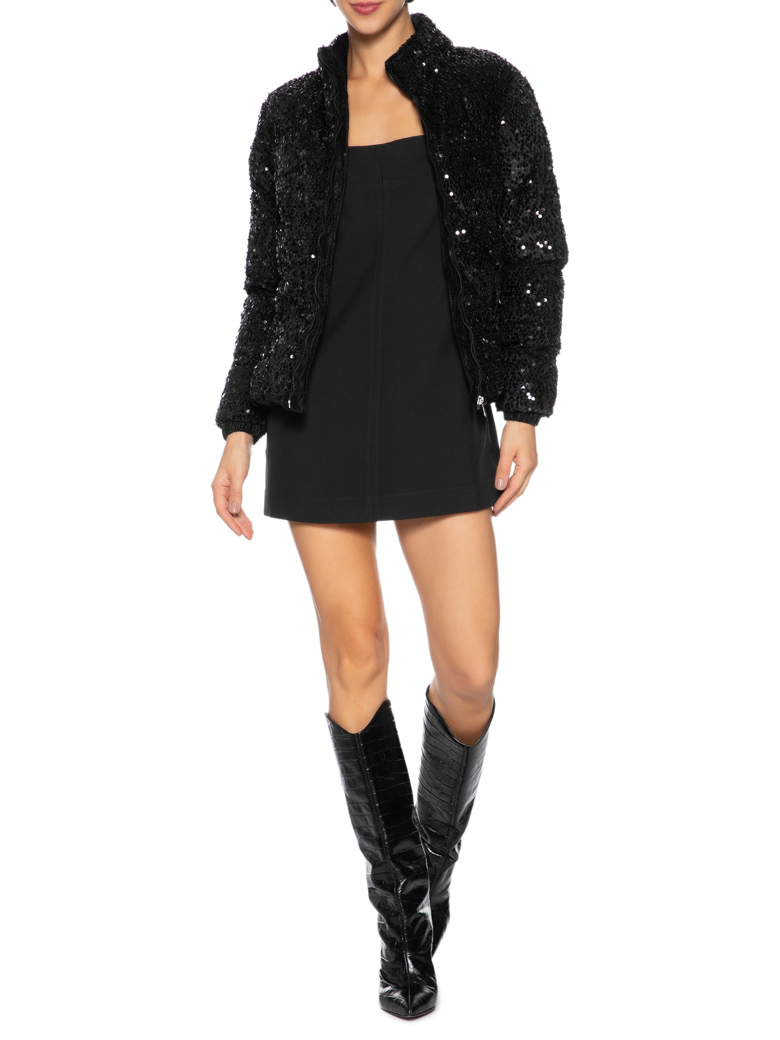 Jaqueta Puffer Feminina Com Paetê Preto Market 33