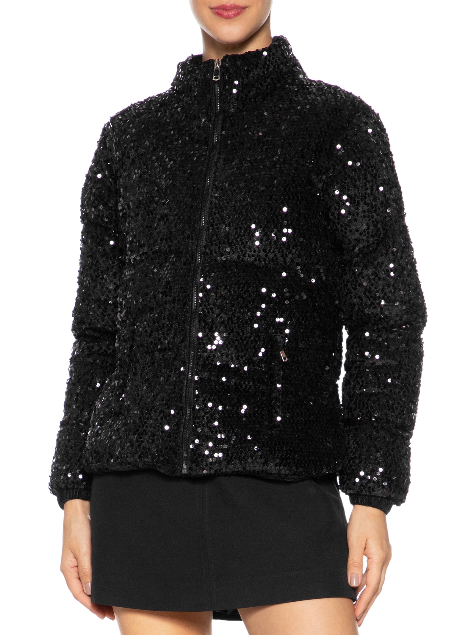 Jaqueta Puffer Feminina Com Paetê Preto Market 33