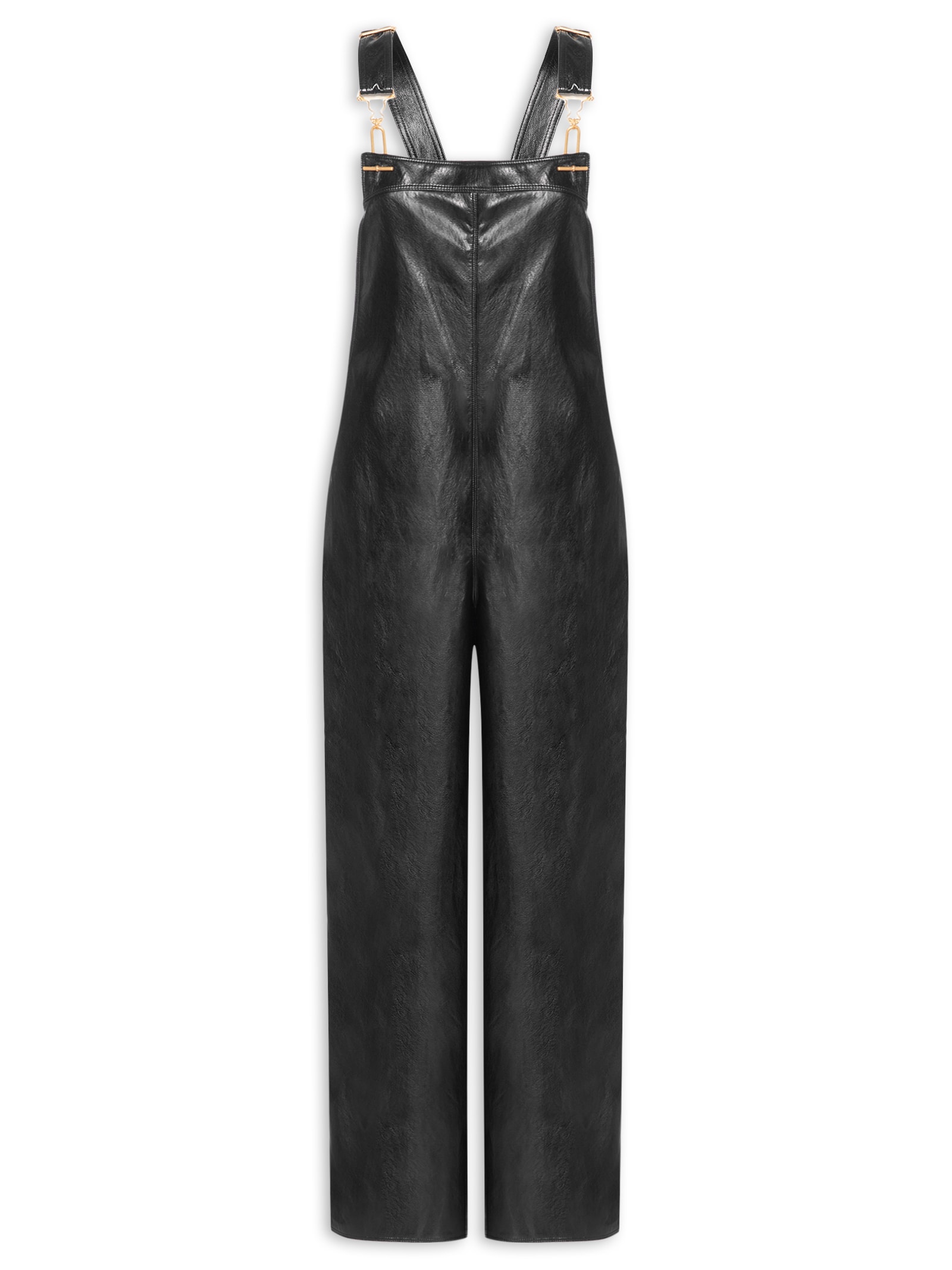 Jardineira Feminina Longa Wide Leg De PU Preto Lança Perfume