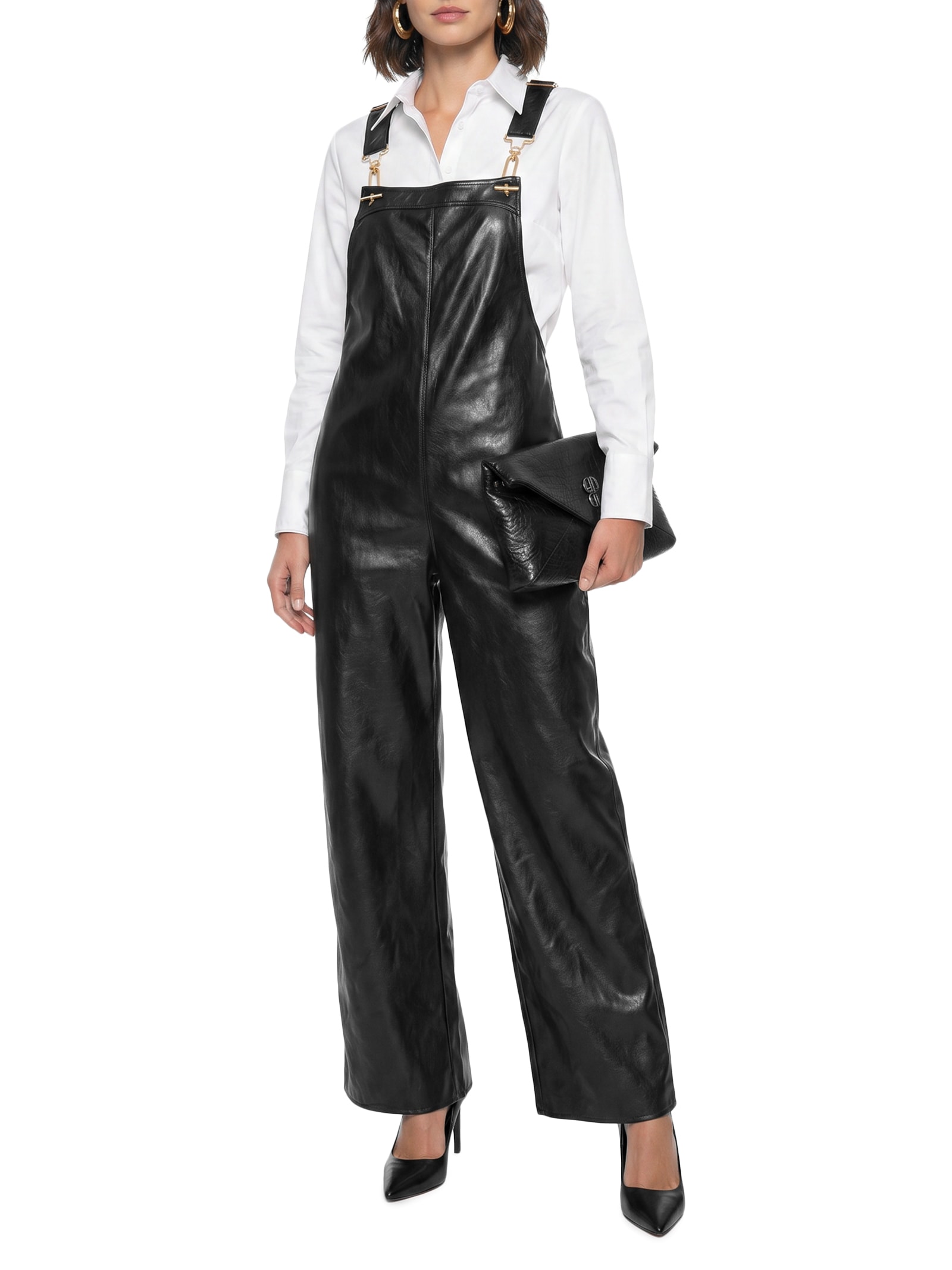 Jardineira Feminina Longa Wide Leg De PU Preto Lança Perfume