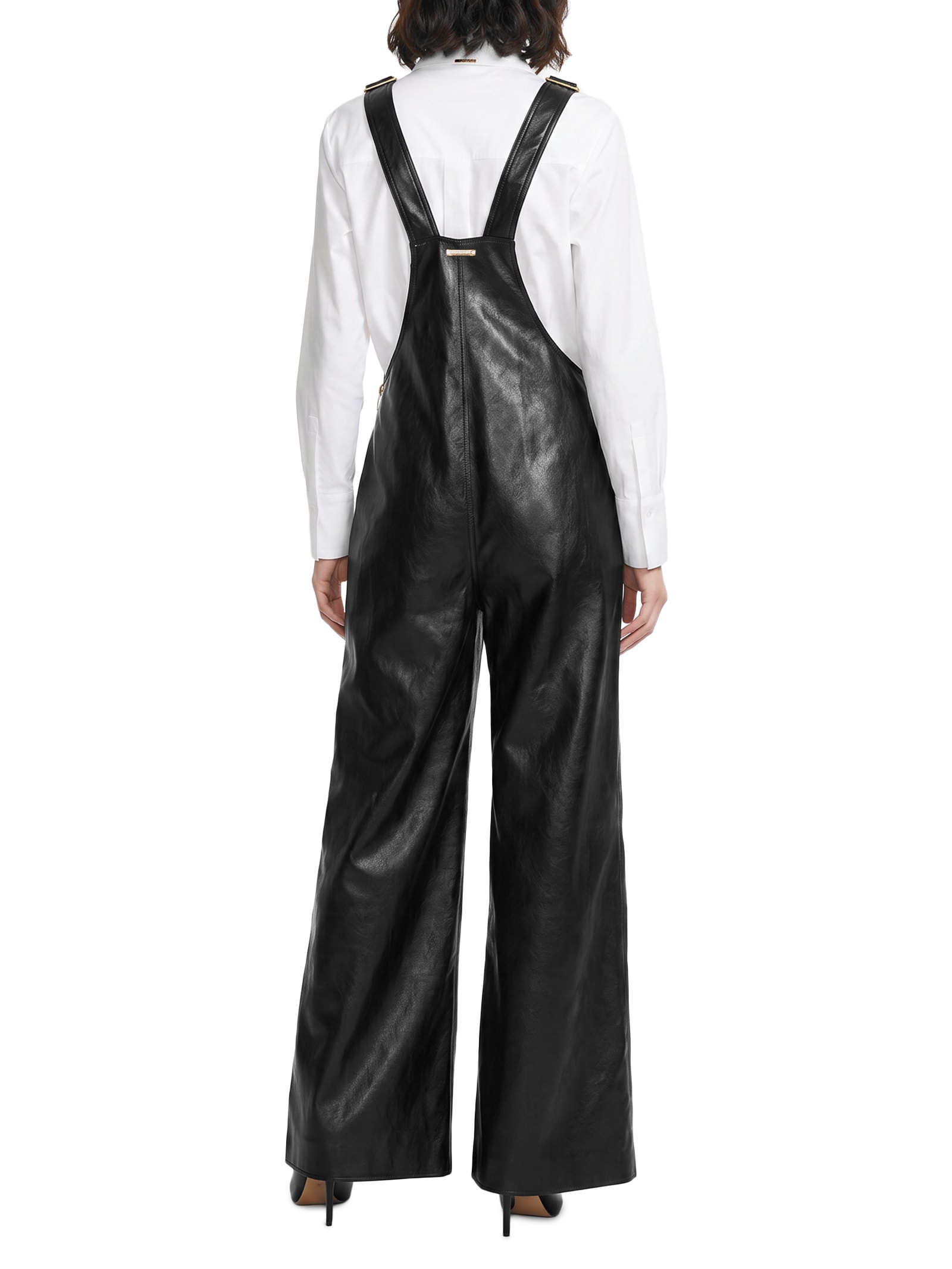 Jardineira Feminina Longa Wide Leg De PU Preto Lança Perfume