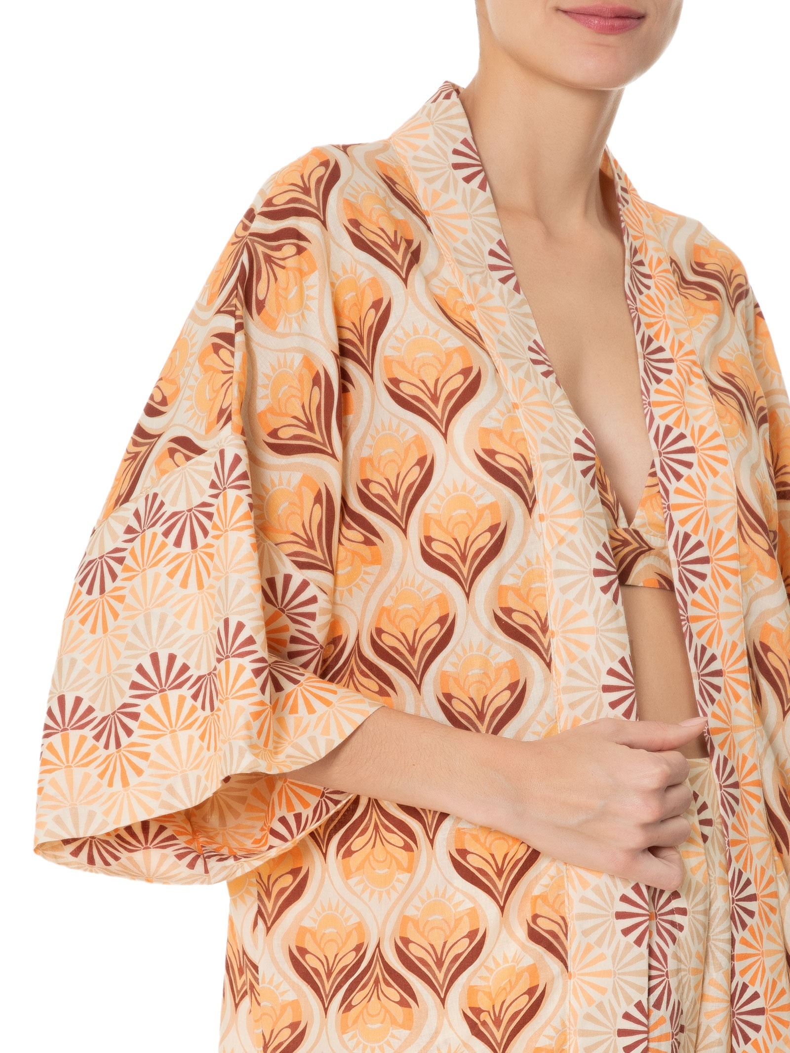 Kimono Feminino Com Top Linho Estampa Luz Mix Marrom Dress To