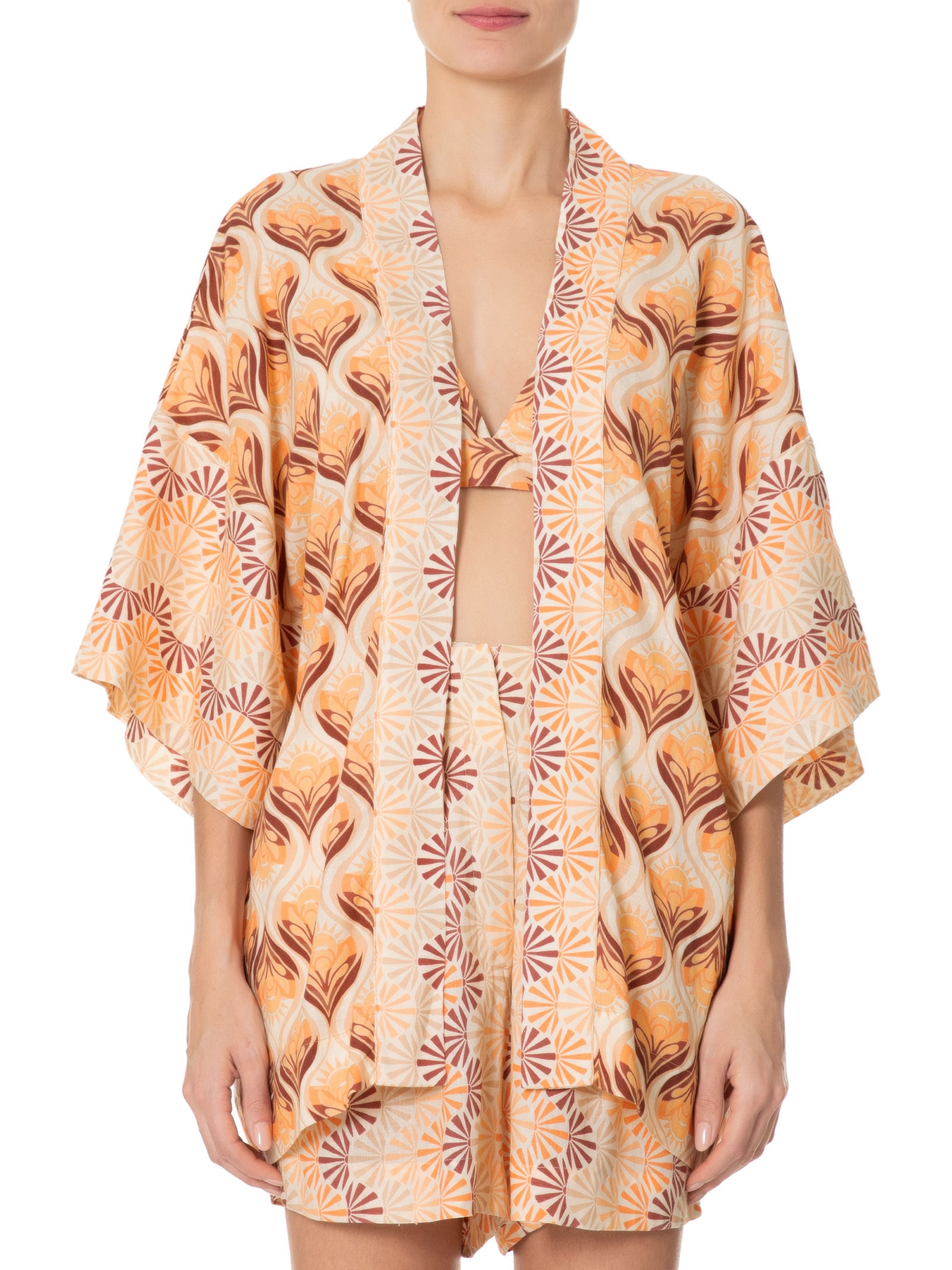 Kimono Feminino Com Top Linho Estampa Luz Mix Marrom Dress To