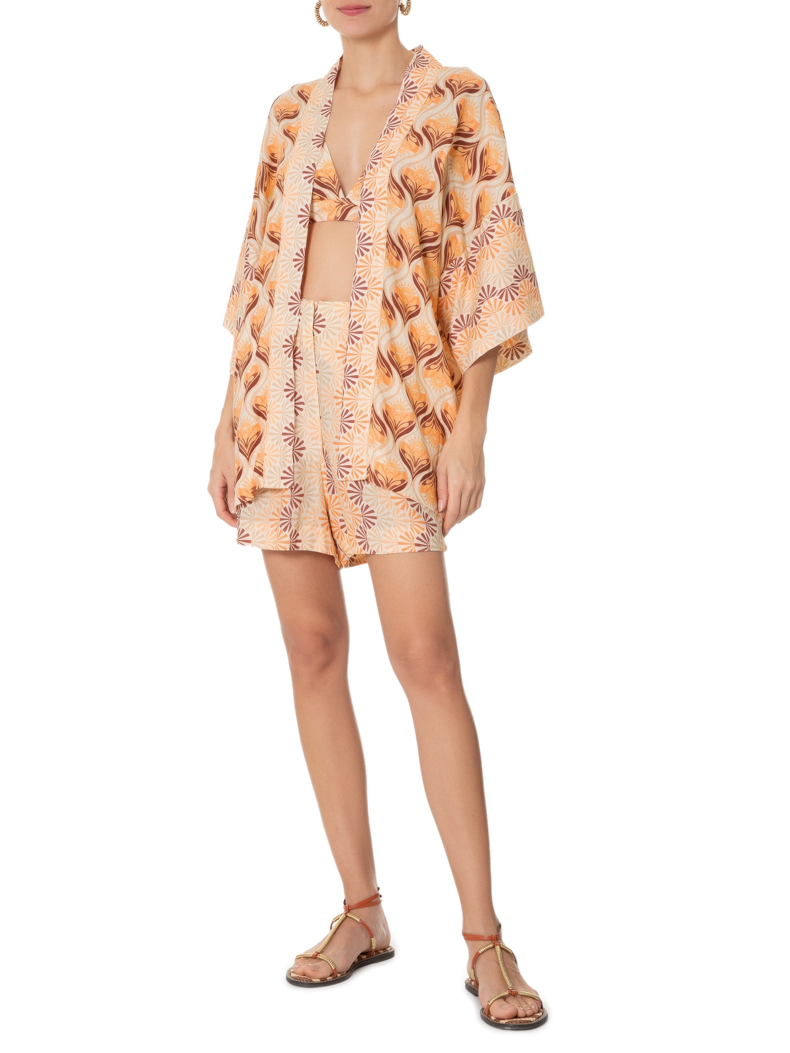 Kimono Feminino Com Top Linho Estampa Luz Mix Marrom Dress To