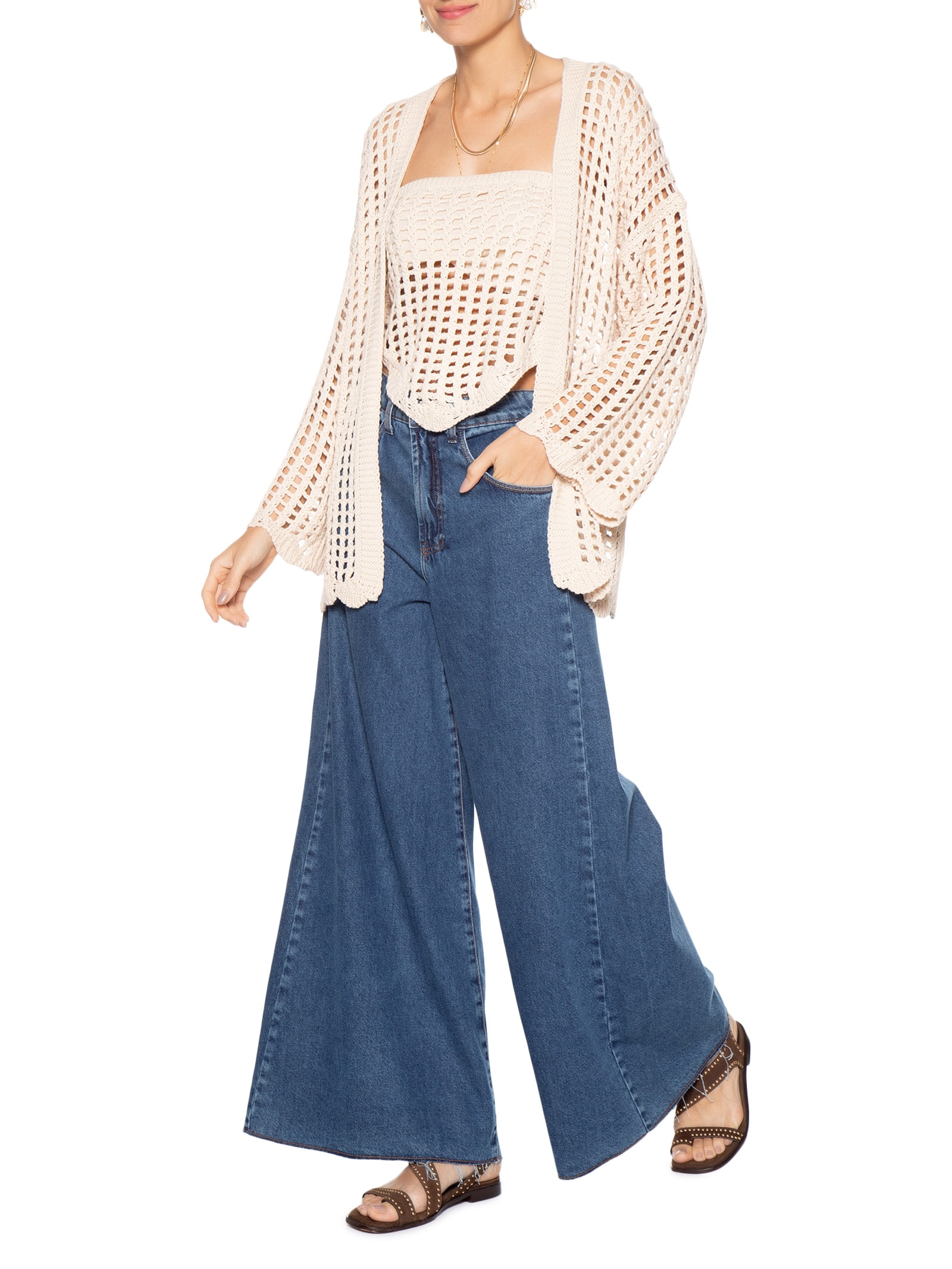 Kimono Feminino Crochet Bege Dress To