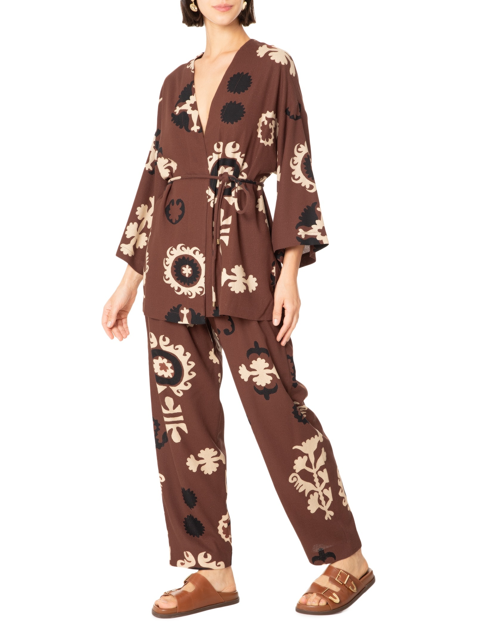 Kimono Feminino Estampa Romani Marrom Cantão