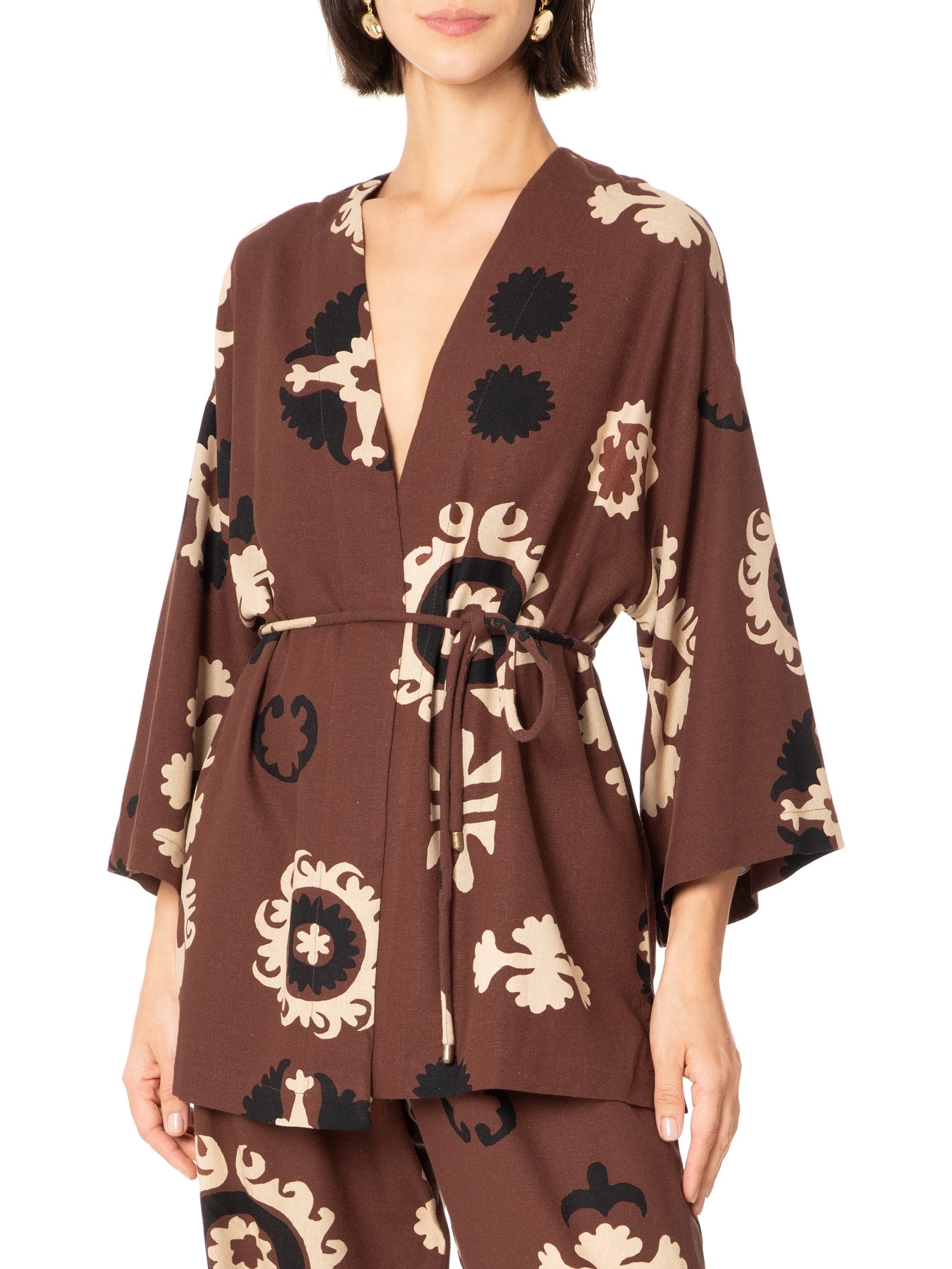 Kimono Feminino Estampa Romani Marrom Cantão