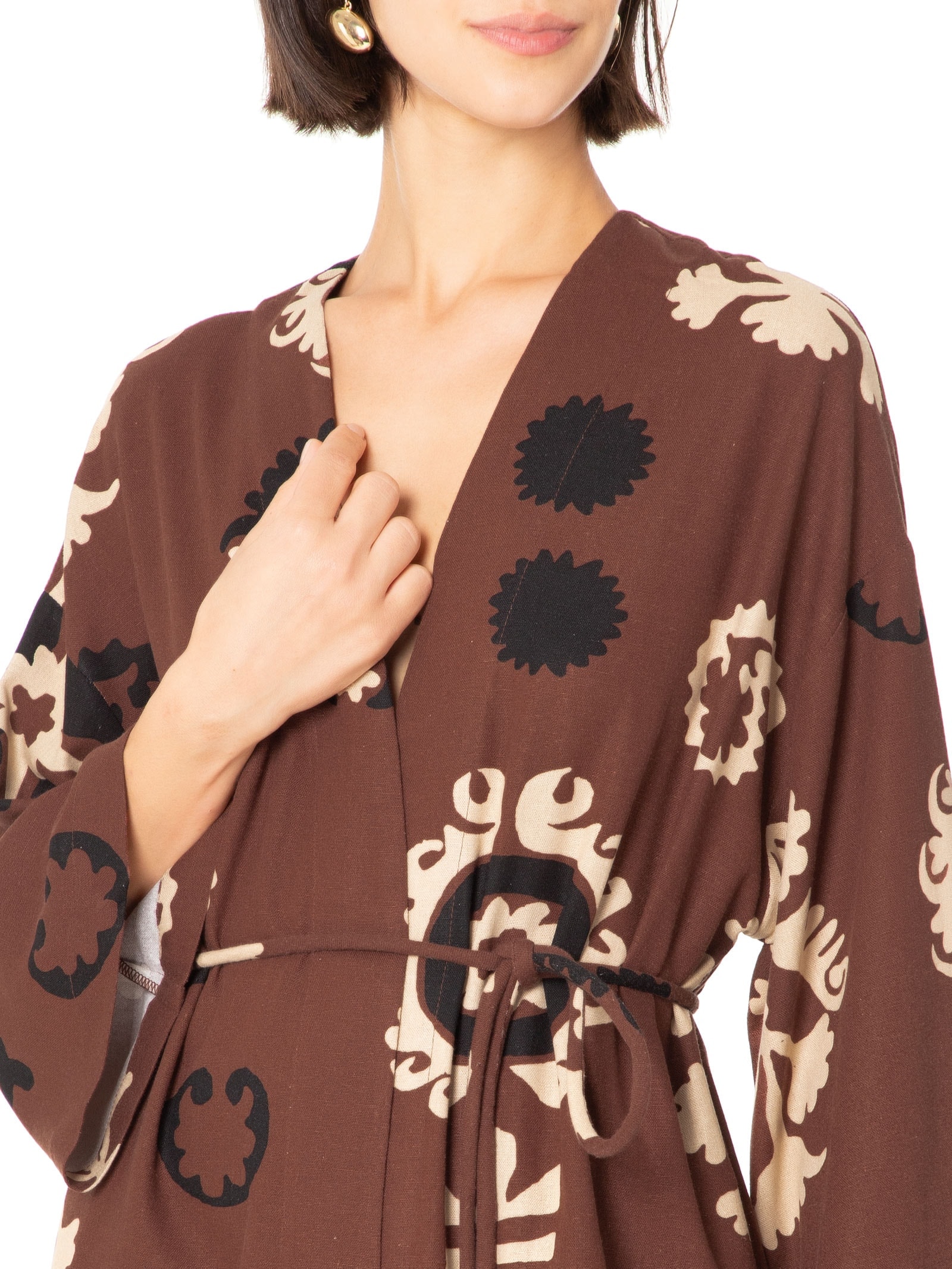 Kimono Feminino Estampa Romani Marrom Cantão