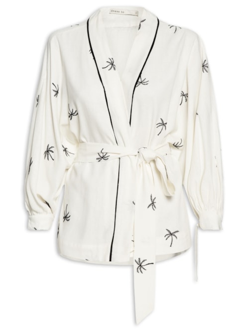 Kimono Feminino Linho Bordado Coqueiros – Off White