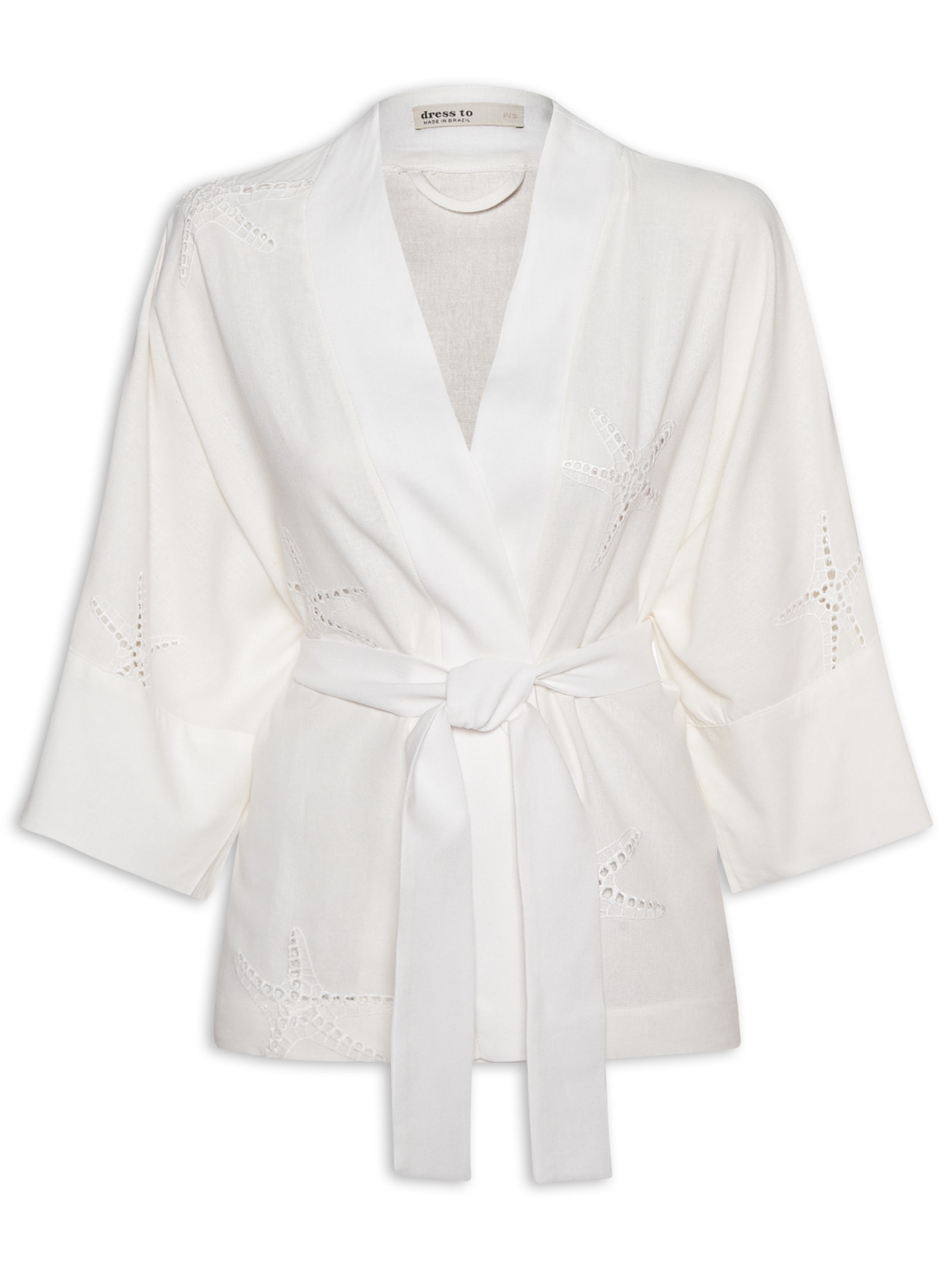 Kimono Feminino Linho Bordado Estrela Off White Dress To