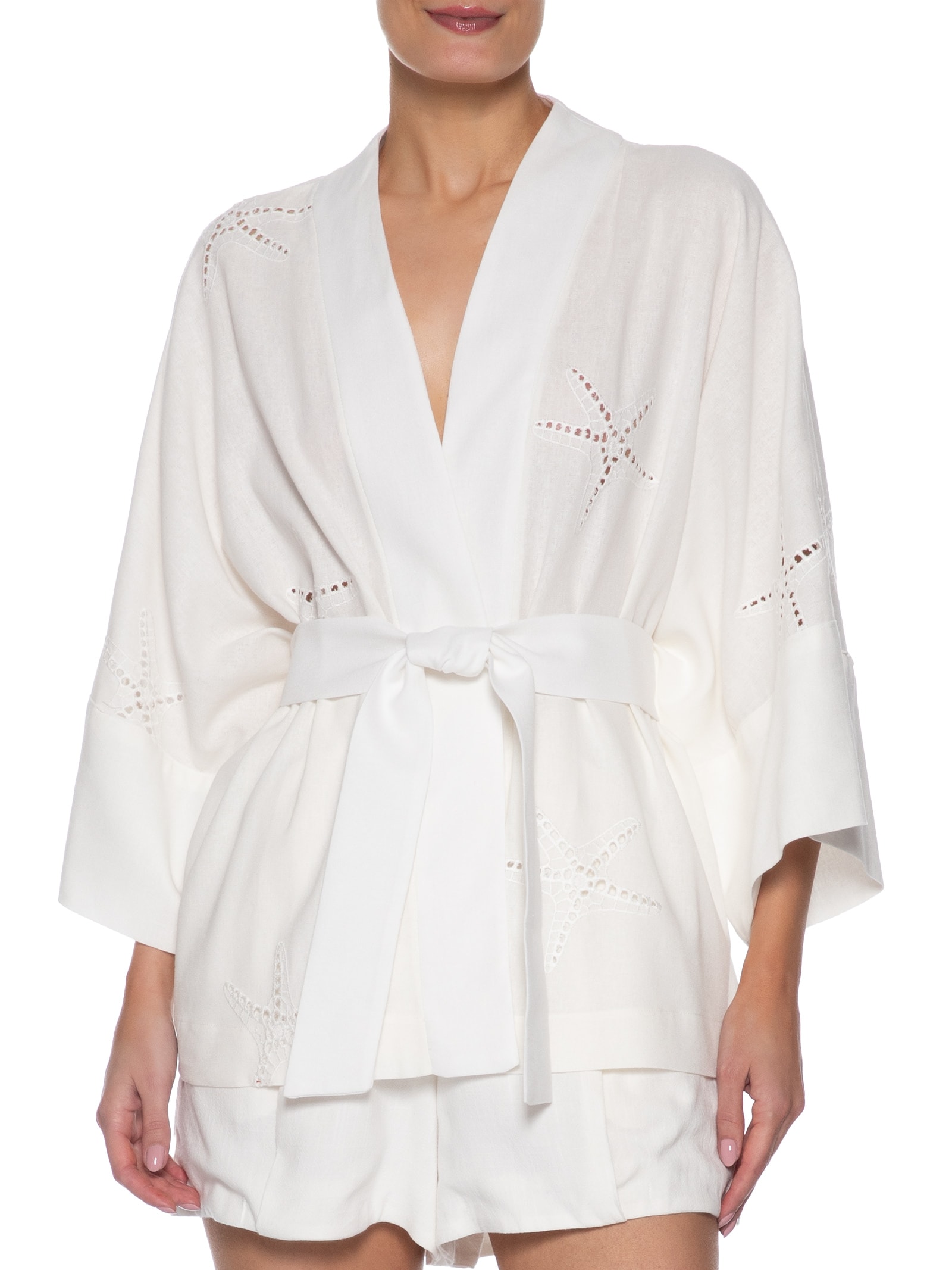 Kimono Feminino Linho Bordado Estrela Off White Dress To