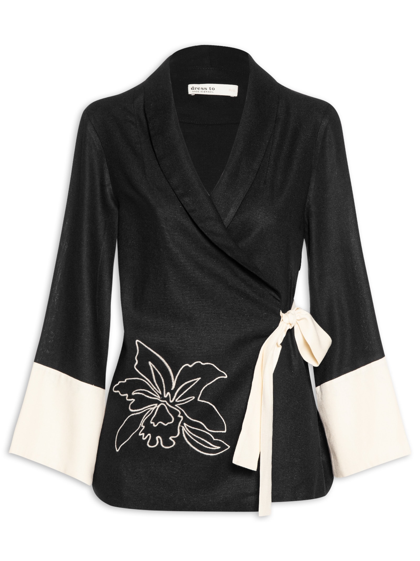 Kimono Feminino Linho Bordado Floral Preto Dress To