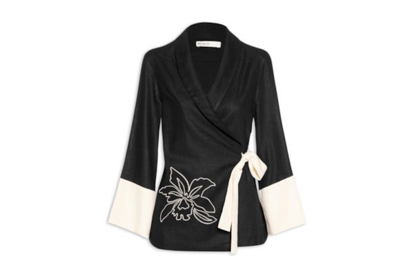 Kimono Feminino Linho Bordado Floral - Preto