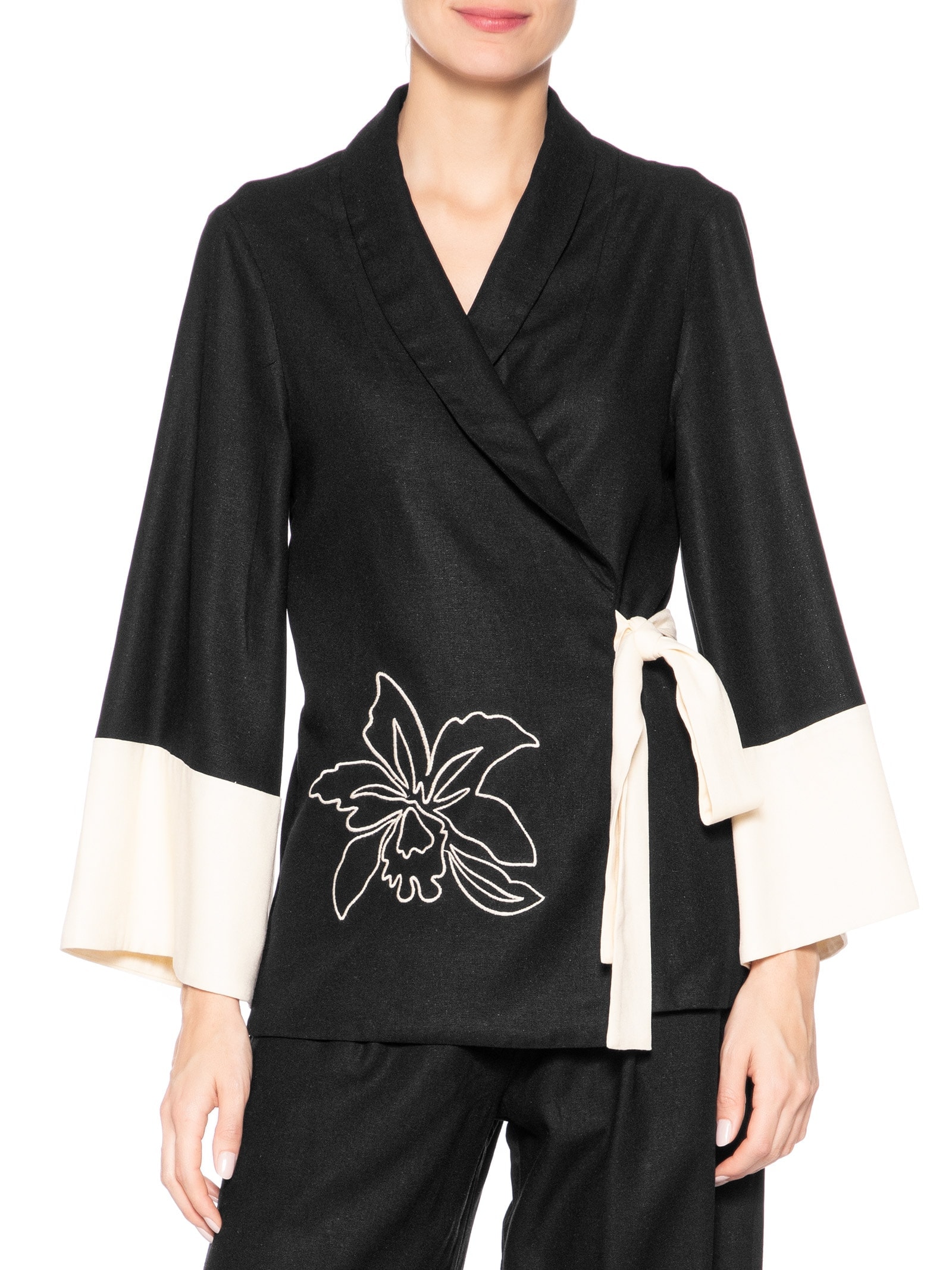Kimono Feminino Linho Bordado Floral Preto Dress To