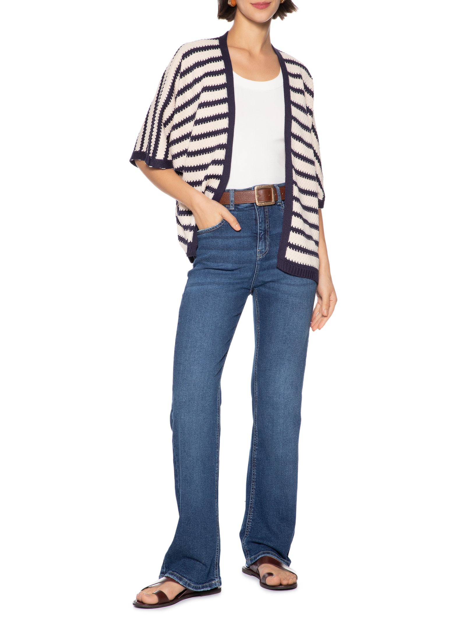 Cantão - Kimono Feminino Tricot Listras Lab - Branco