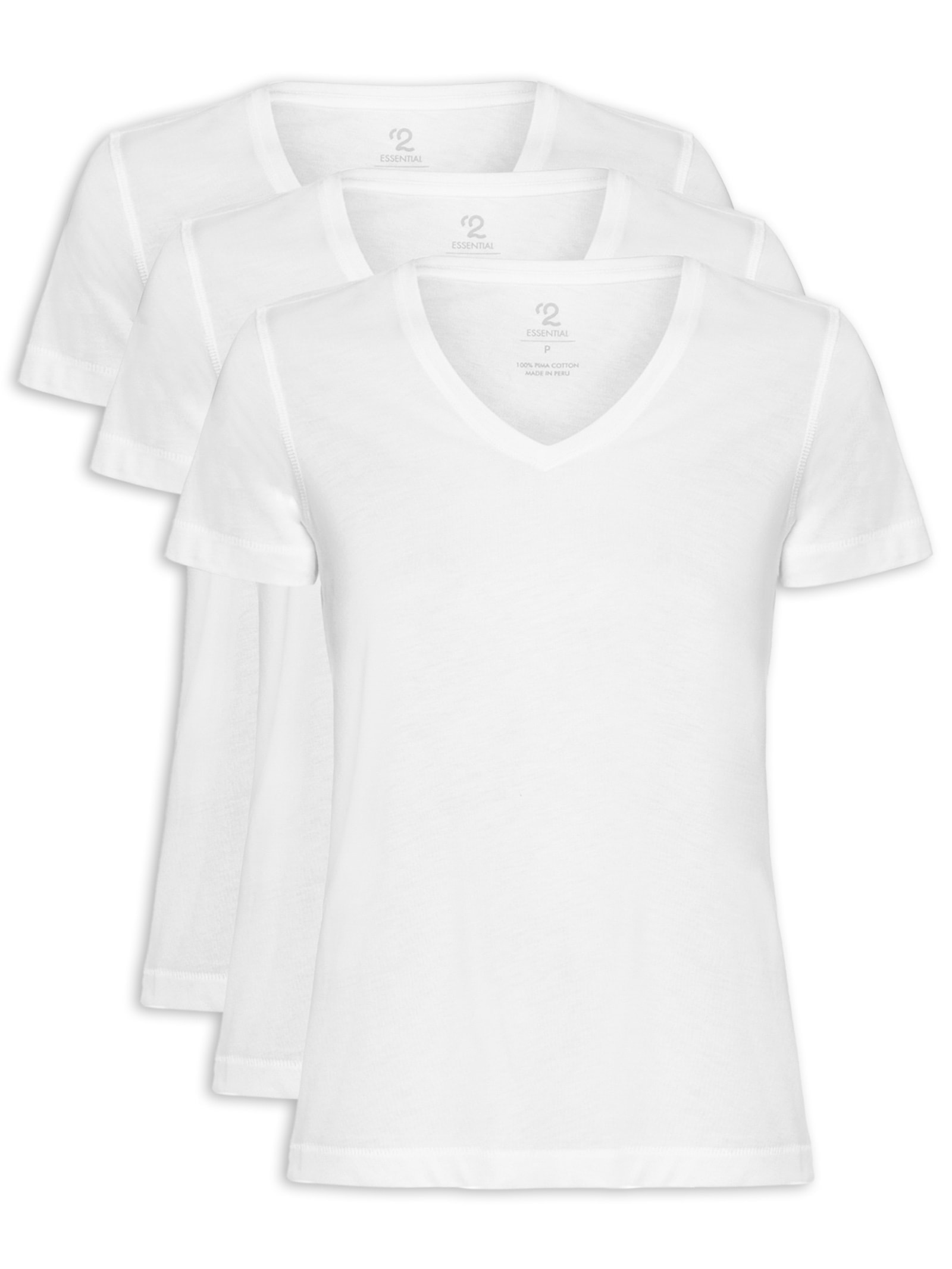 Kit 3 Camiseta Feminina Pima Gola V Branco '2Essential