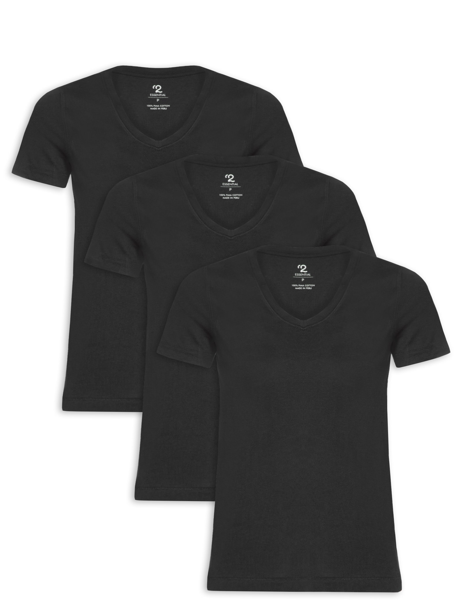 Kit 3 Camiseta Feminina Pima Gola V Preto '2Essential
