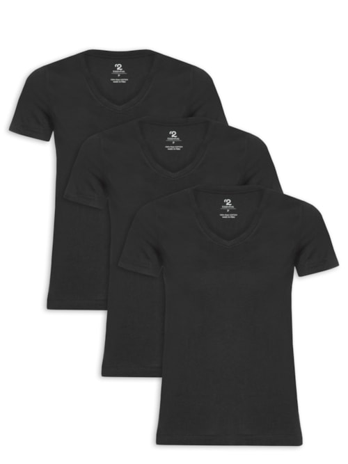 Kit 3 Camiseta Feminina Pima Gola V – Preto