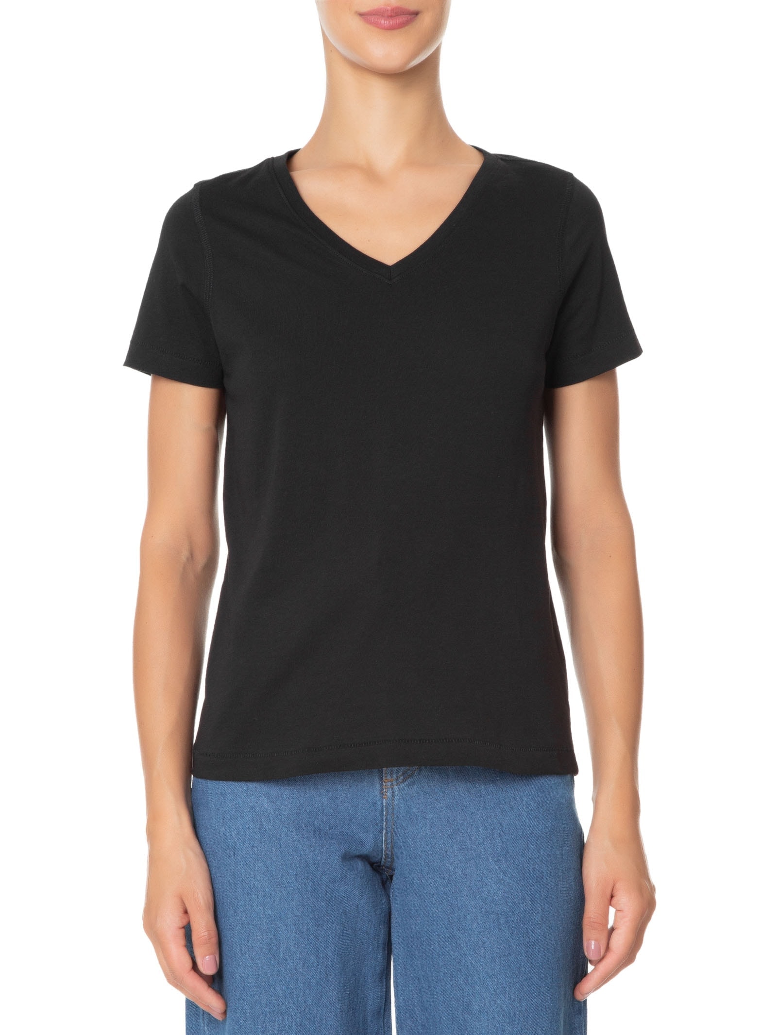 Kit 3 Camiseta Feminina Pima Gola V Preto '2Essential