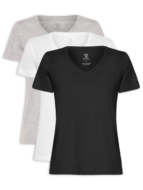 Kit 3 Camiseta Feminina Pima Gola V – Preto