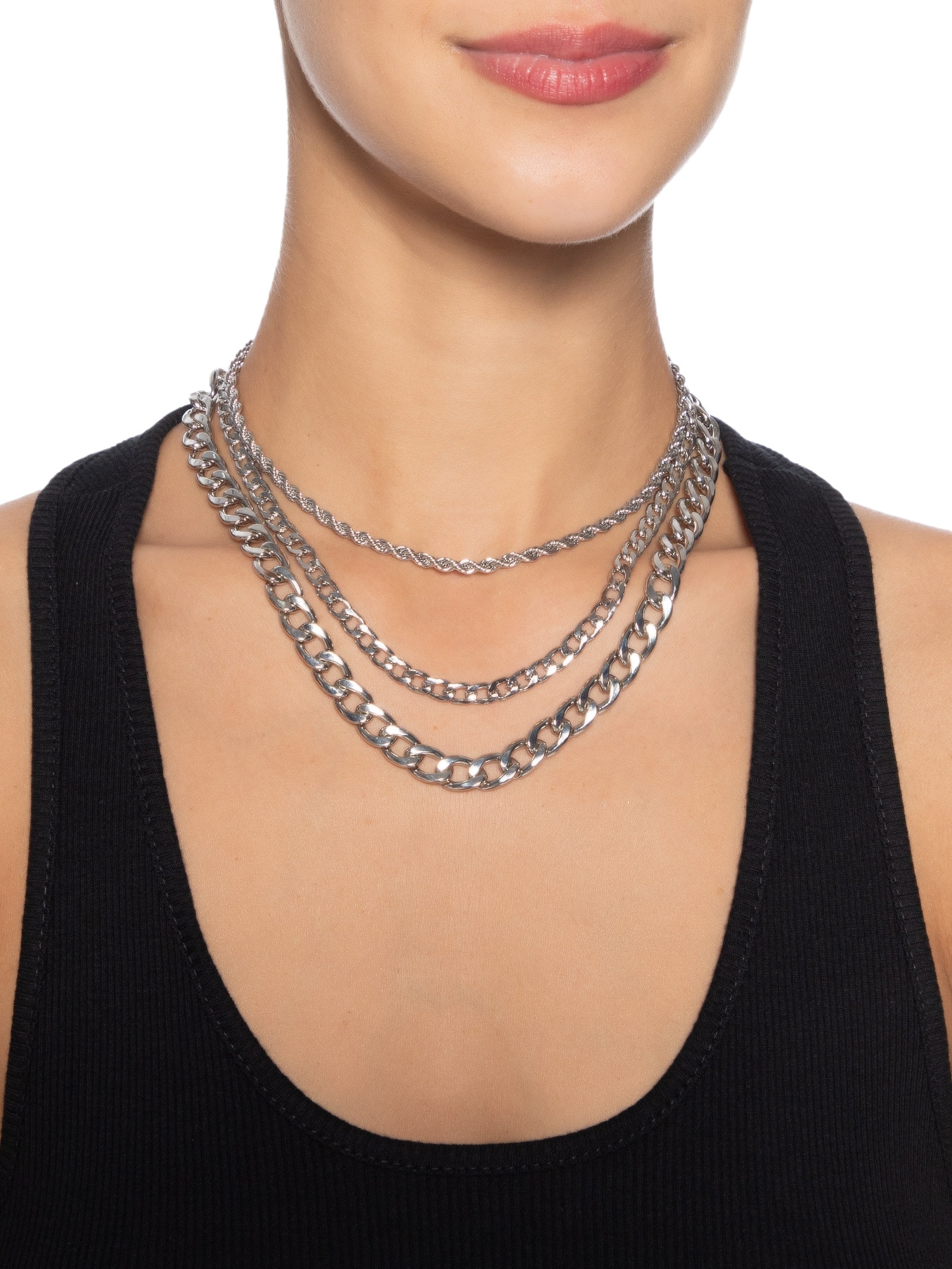 Kit Colar Feminino Correntes Elos Variados Prateado Basiq